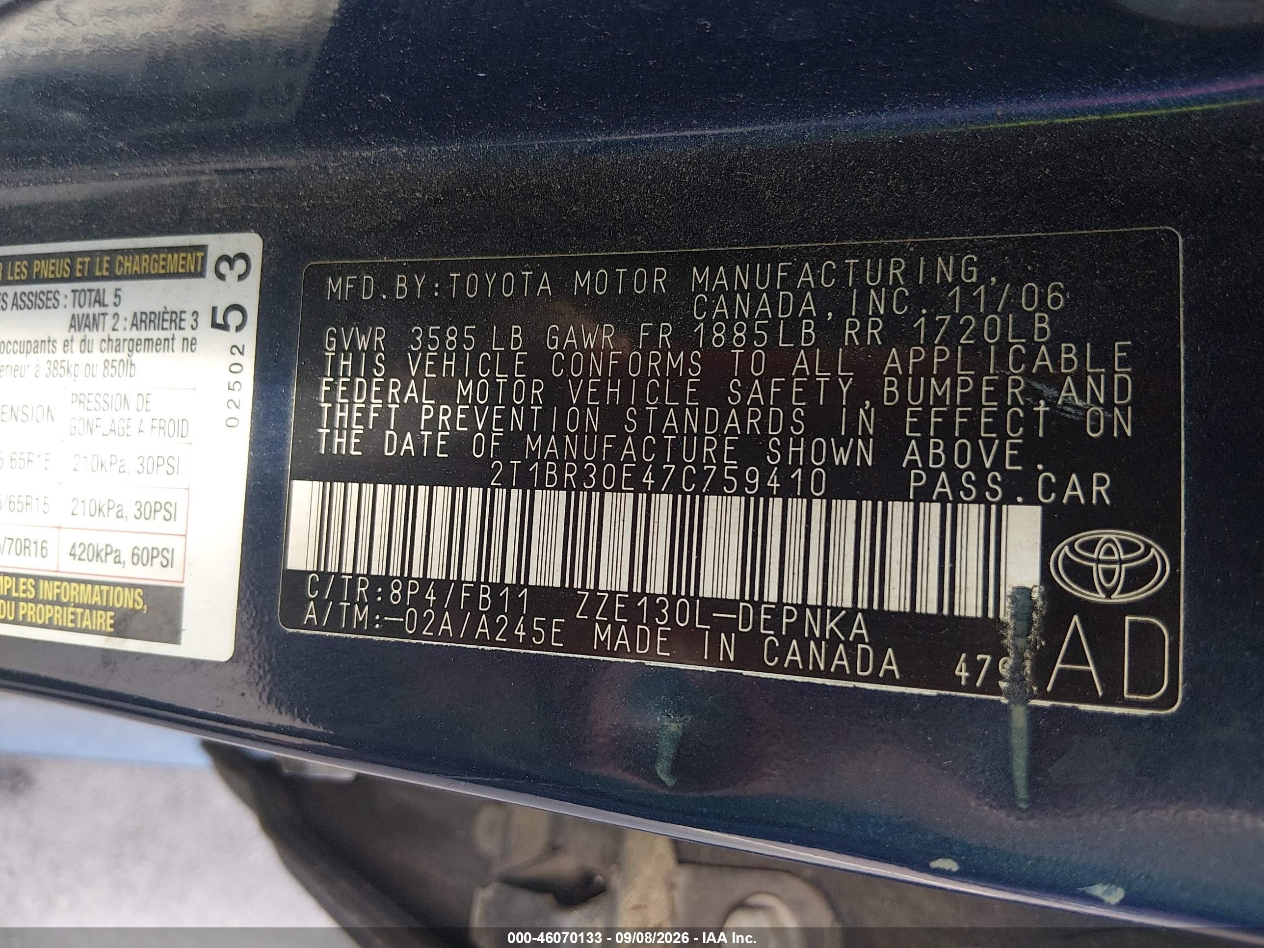2007 Toyota Corolla Le Синий vin: 2T1BR30E47C759410