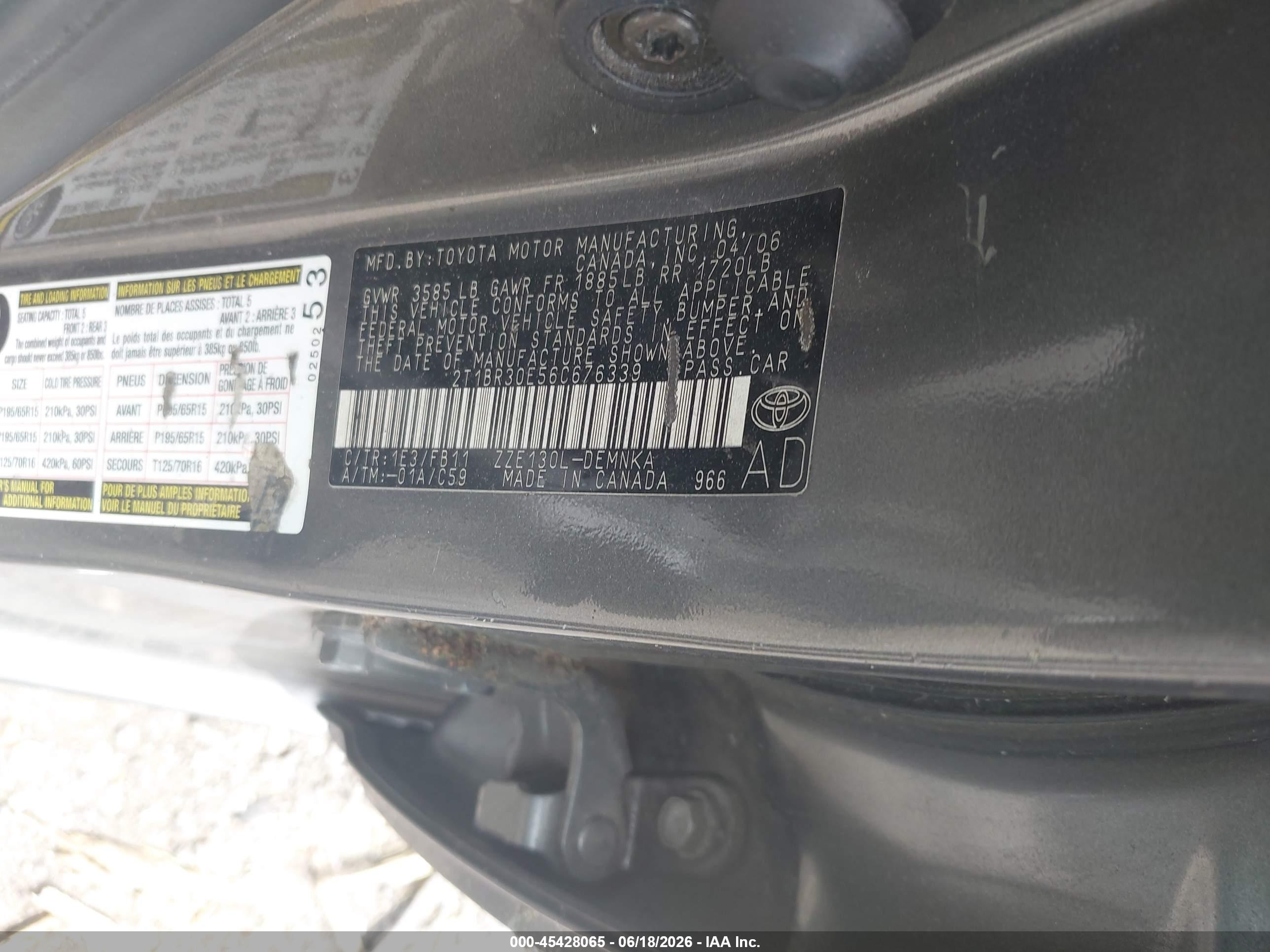2006 Toyota Corolla Le Gray vin: 2T1BR30E56C676339