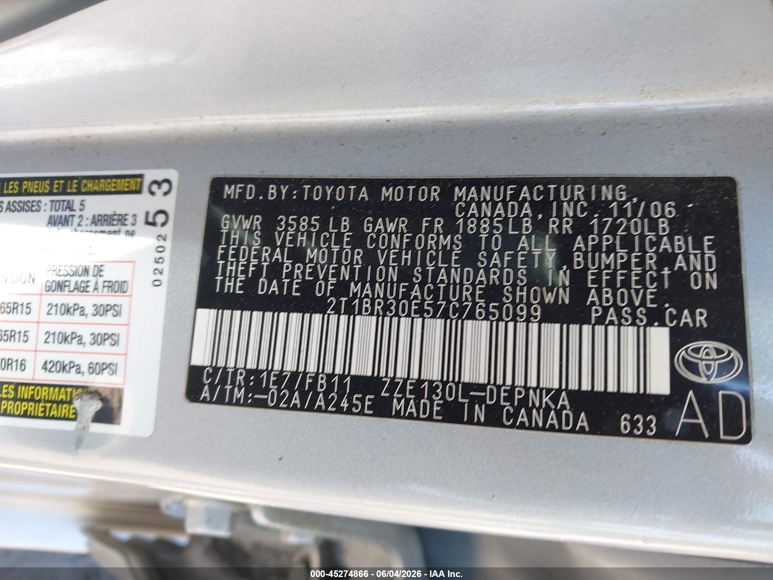 2007 Toyota Corolla Le Gray vin: 2T1BR30E57C765099