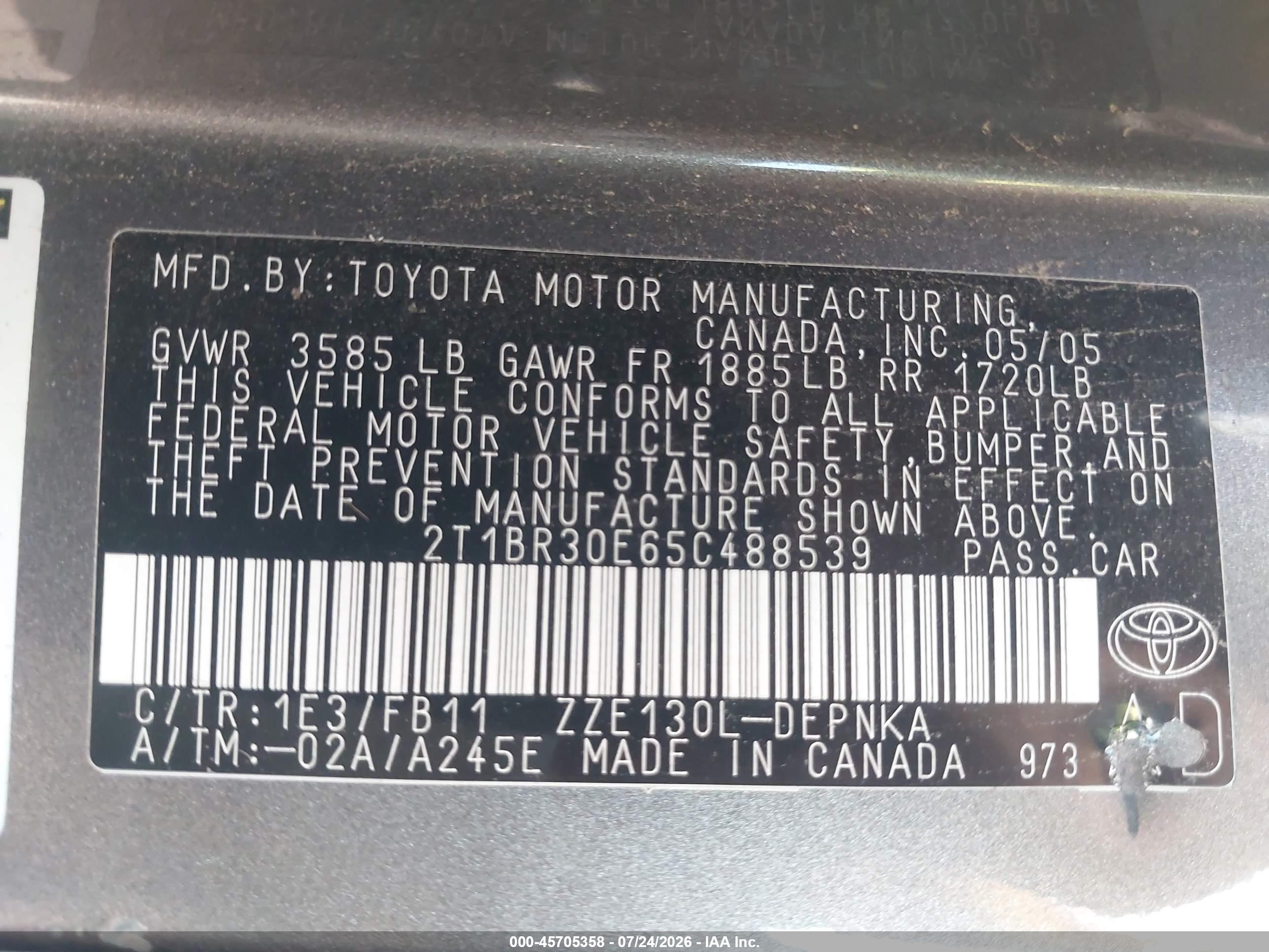 2005 Toyota Corolla Le Silver vin: 2T1BR30E65C488539