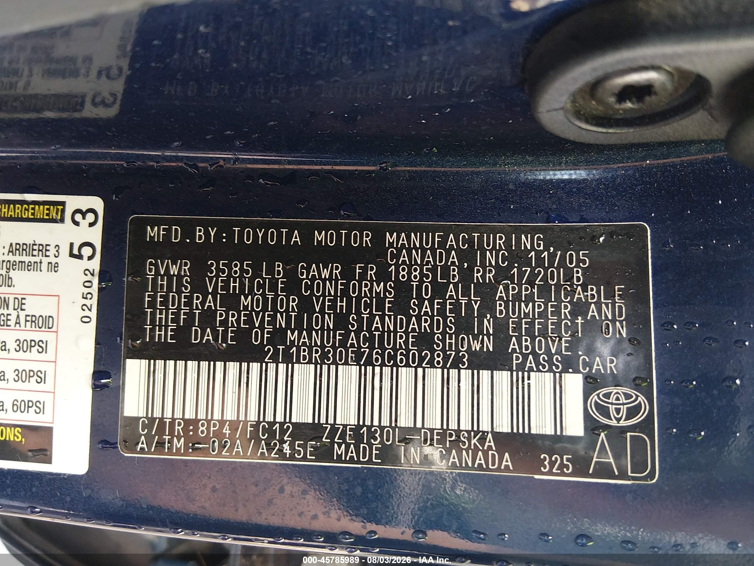 2006 Toyota Corolla S Blue vin: 2T1BR30E76C602873