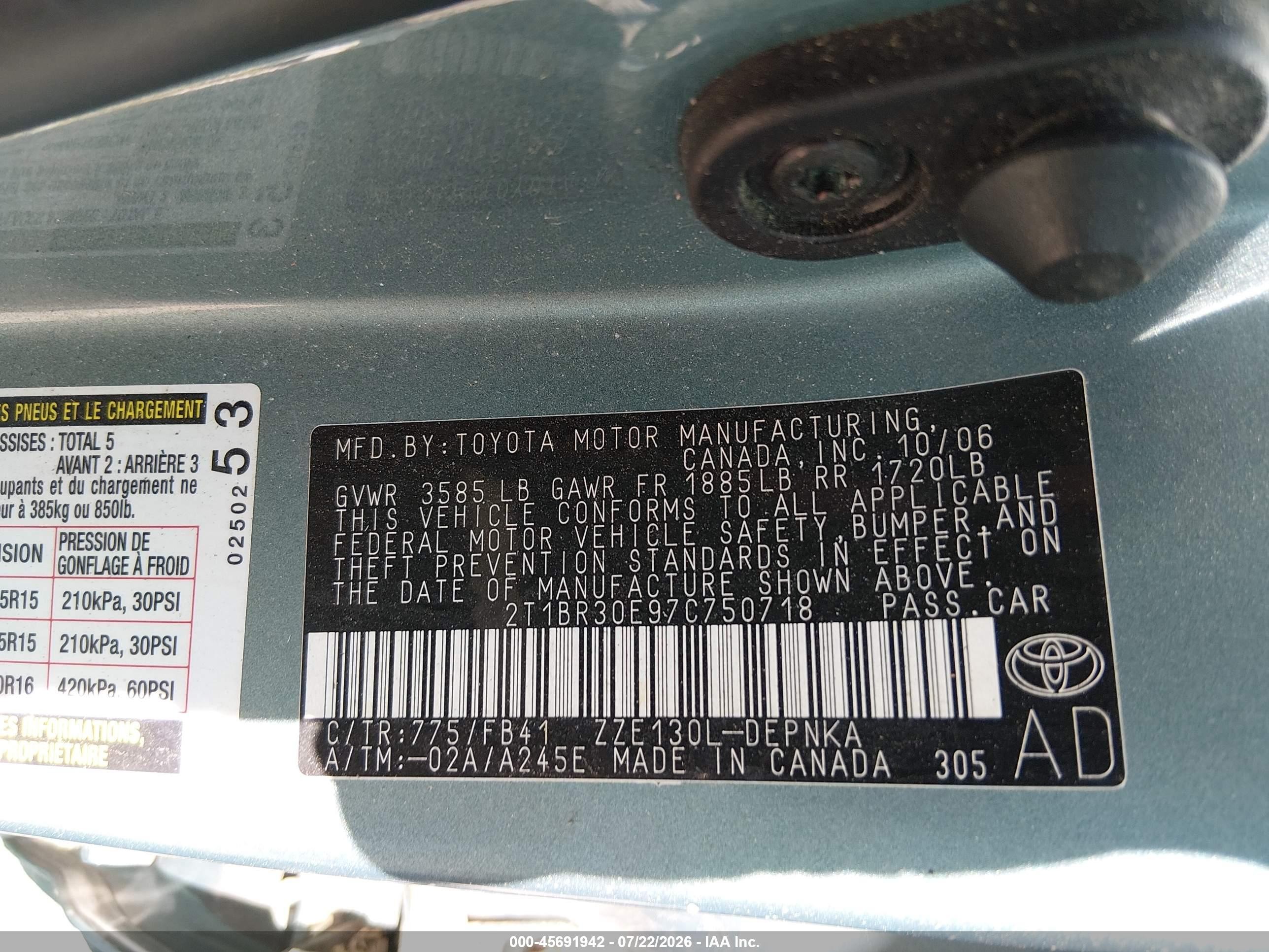 2007 Toyota Corolla Le Green vin: 2T1BR30E97C750718