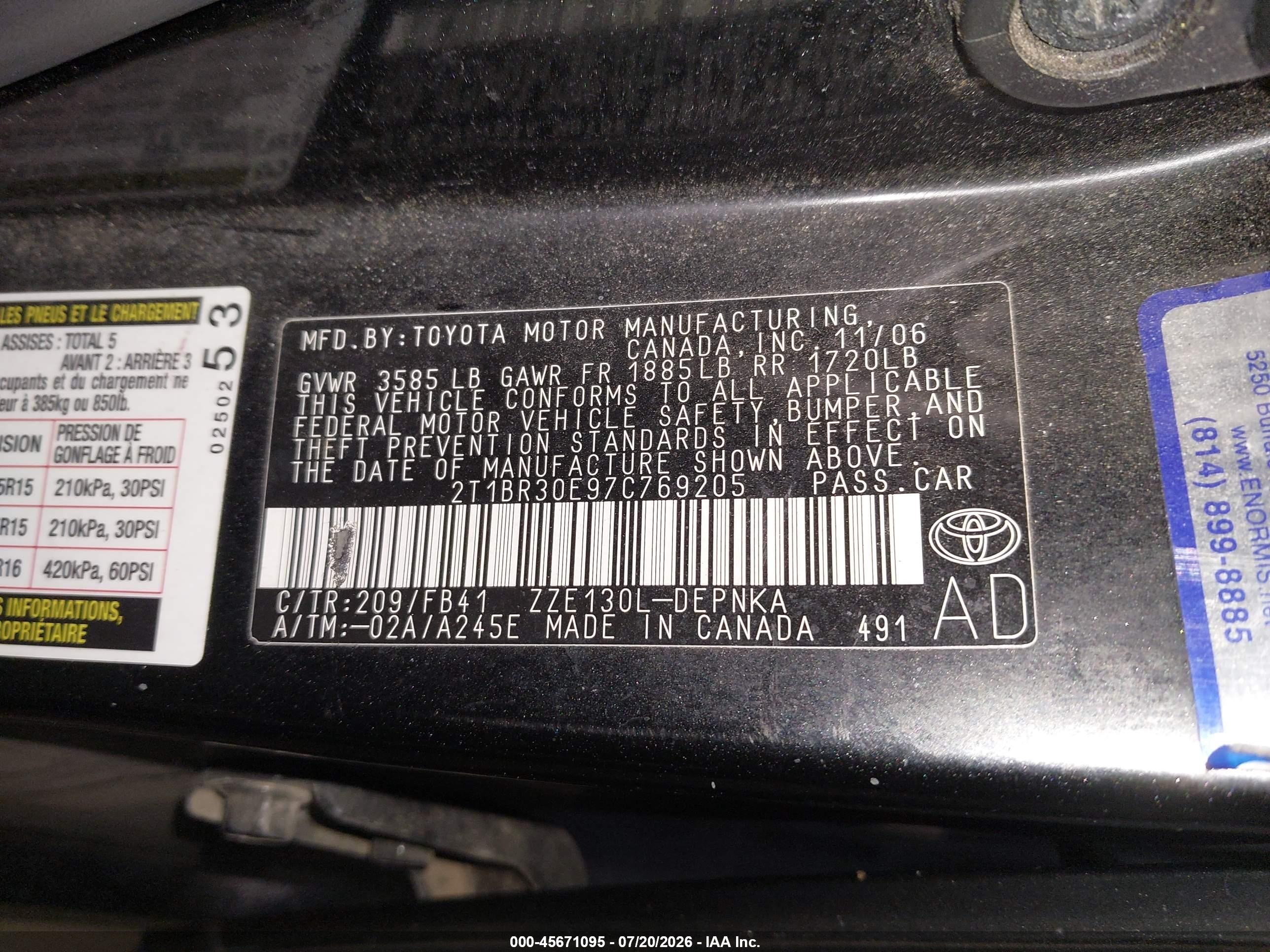 2007 Toyota Corolla Le Black vin: 2T1BR30E97C769205