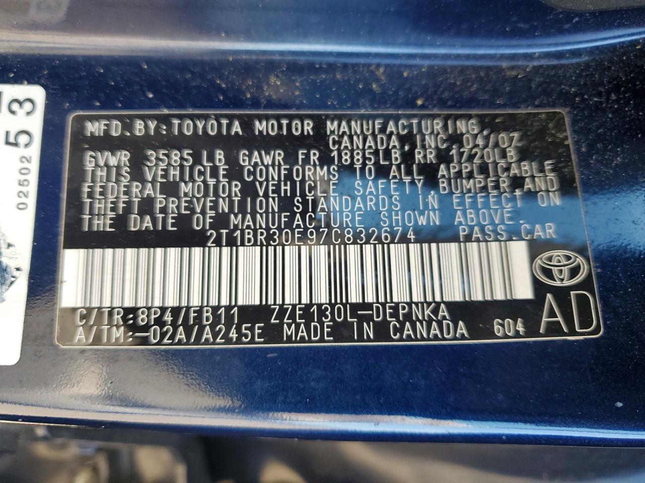2007 Toyota Corolla Le Blue vin: 2T1BR30E97C832674