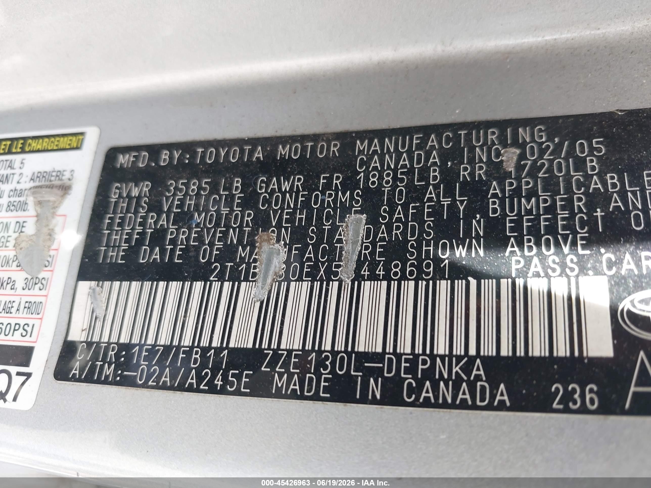 2005 Toyota Corolla Le Silver vin: 2T1BR30EX5C448691