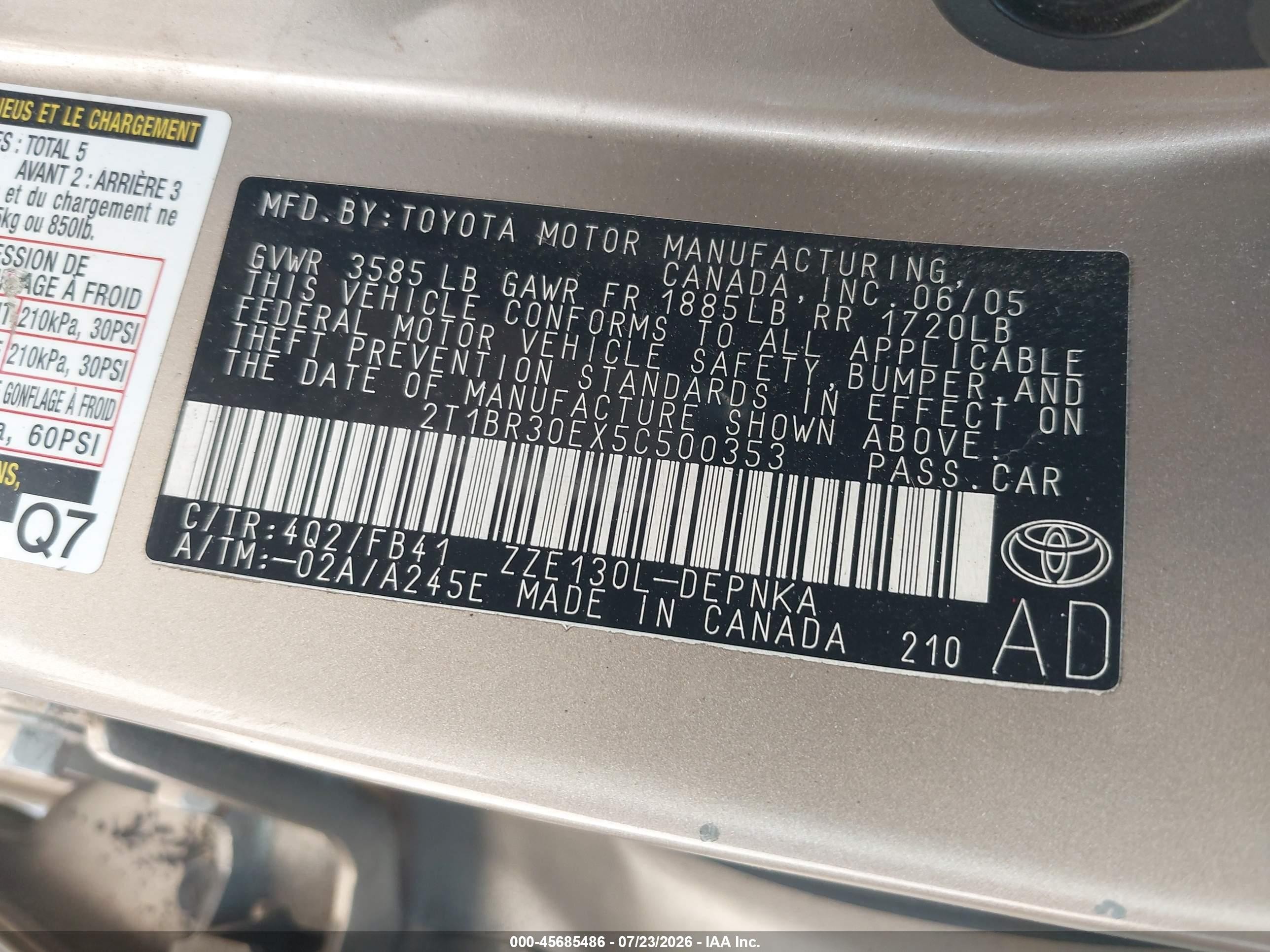 2005 Toyota Corolla Le Beige vin: 2T1BR30EX5C500353