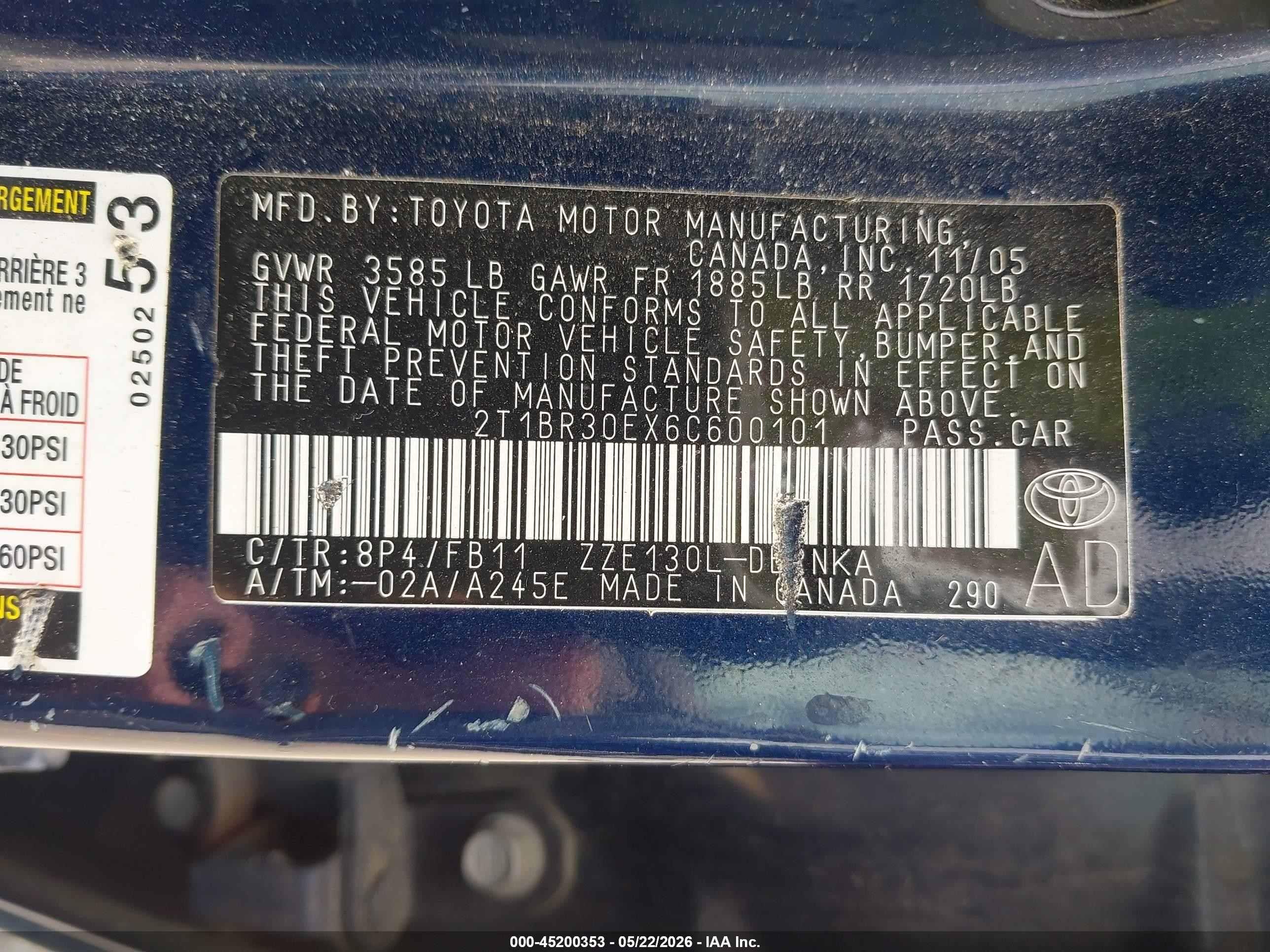 2006 Toyota Corolla Le Blue vin: 2T1BR30EX6C600101