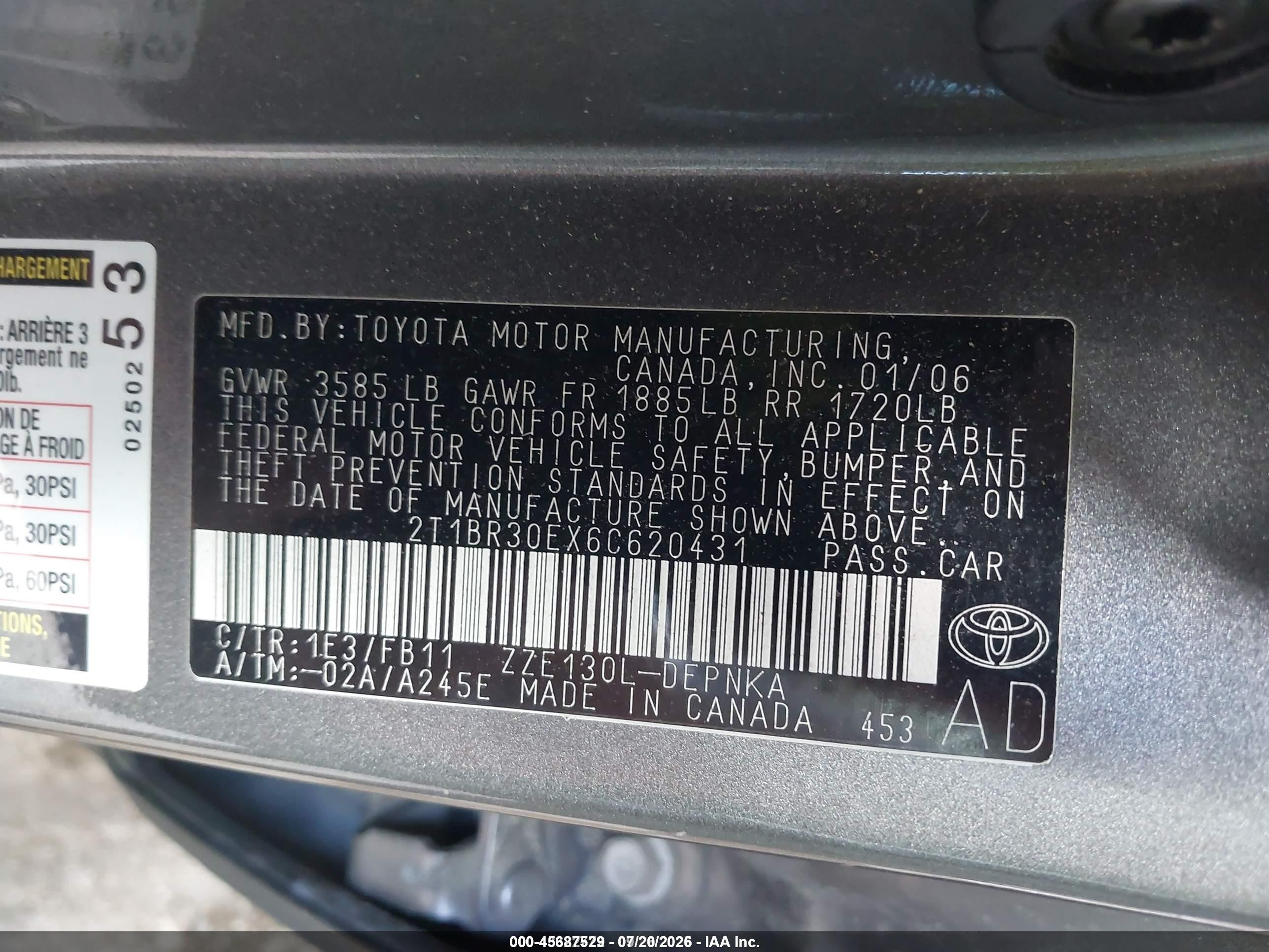 2006 Toyota Corolla Le Gold vin: 2T1BR30EX6C620431