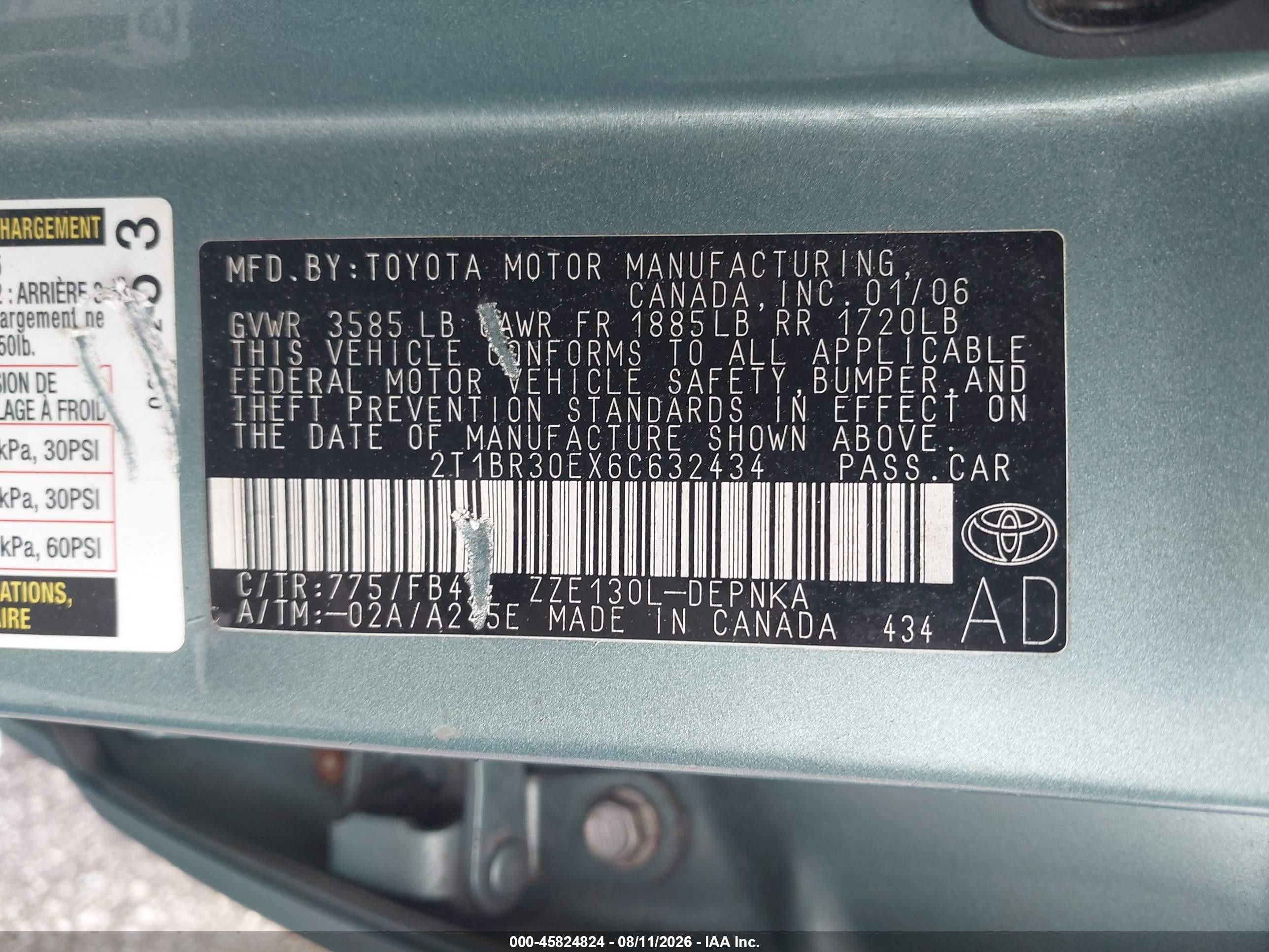 2006 Toyota Corolla Le Light Blue vin: 2T1BR30EX6C632434