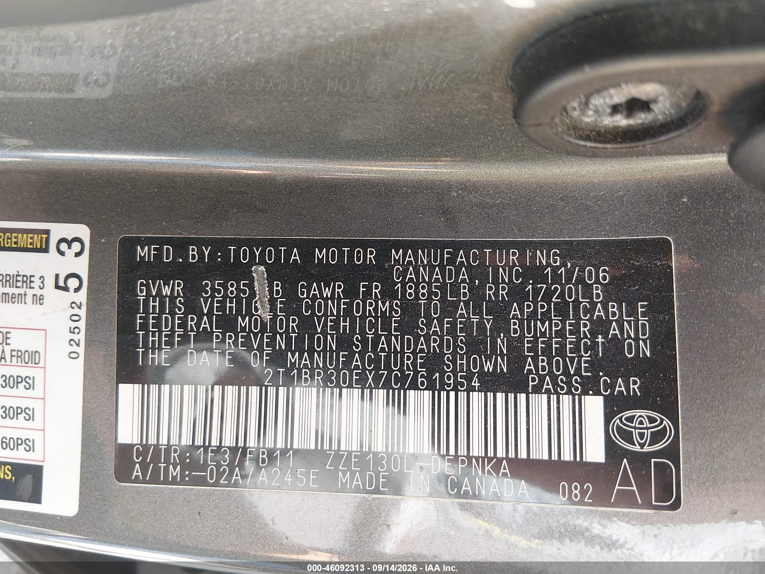 2007 Toyota Corolla Le Gray vin: 2T1BR30EX7C761954