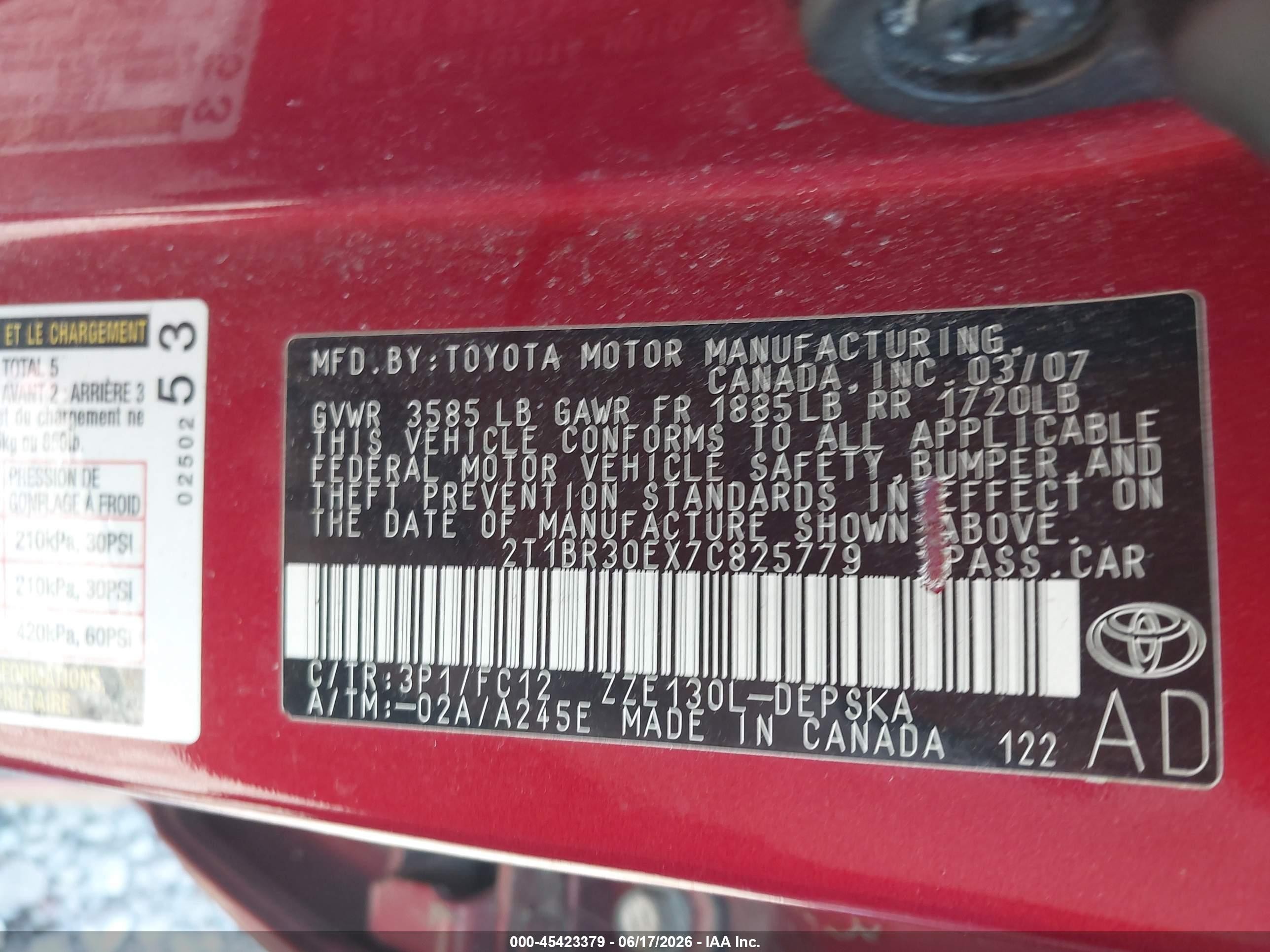 2007 Toyota Corolla S Red vin: 2T1BR30EX7C825779