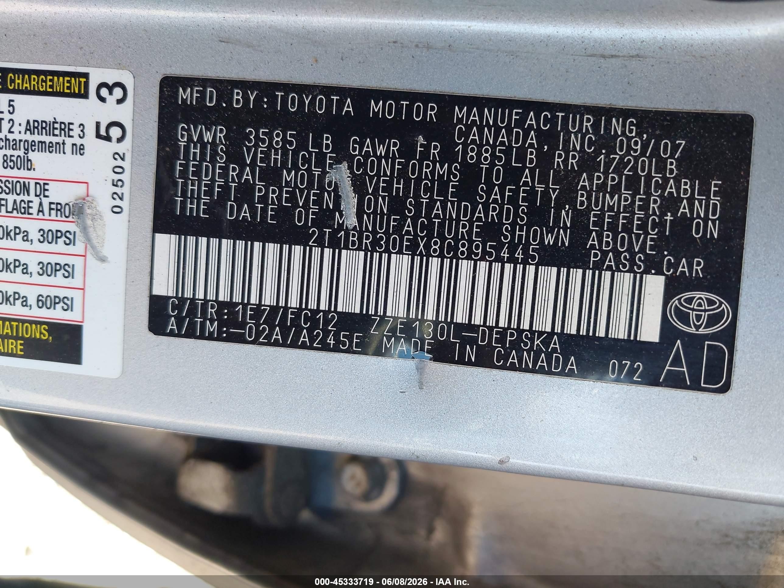 2008 Toyota Corolla S Silver vin: 2T1BR30EX8C895445