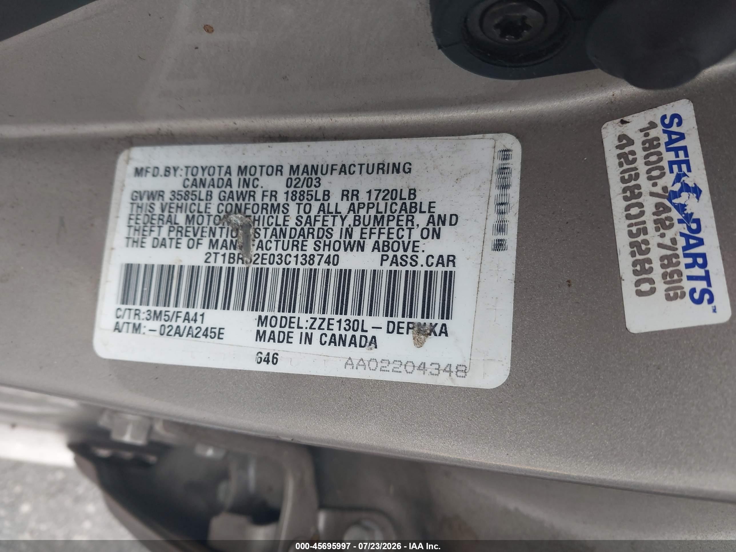 2003 Toyota Corolla Le Beige vin: 2T1BR32E03C138740