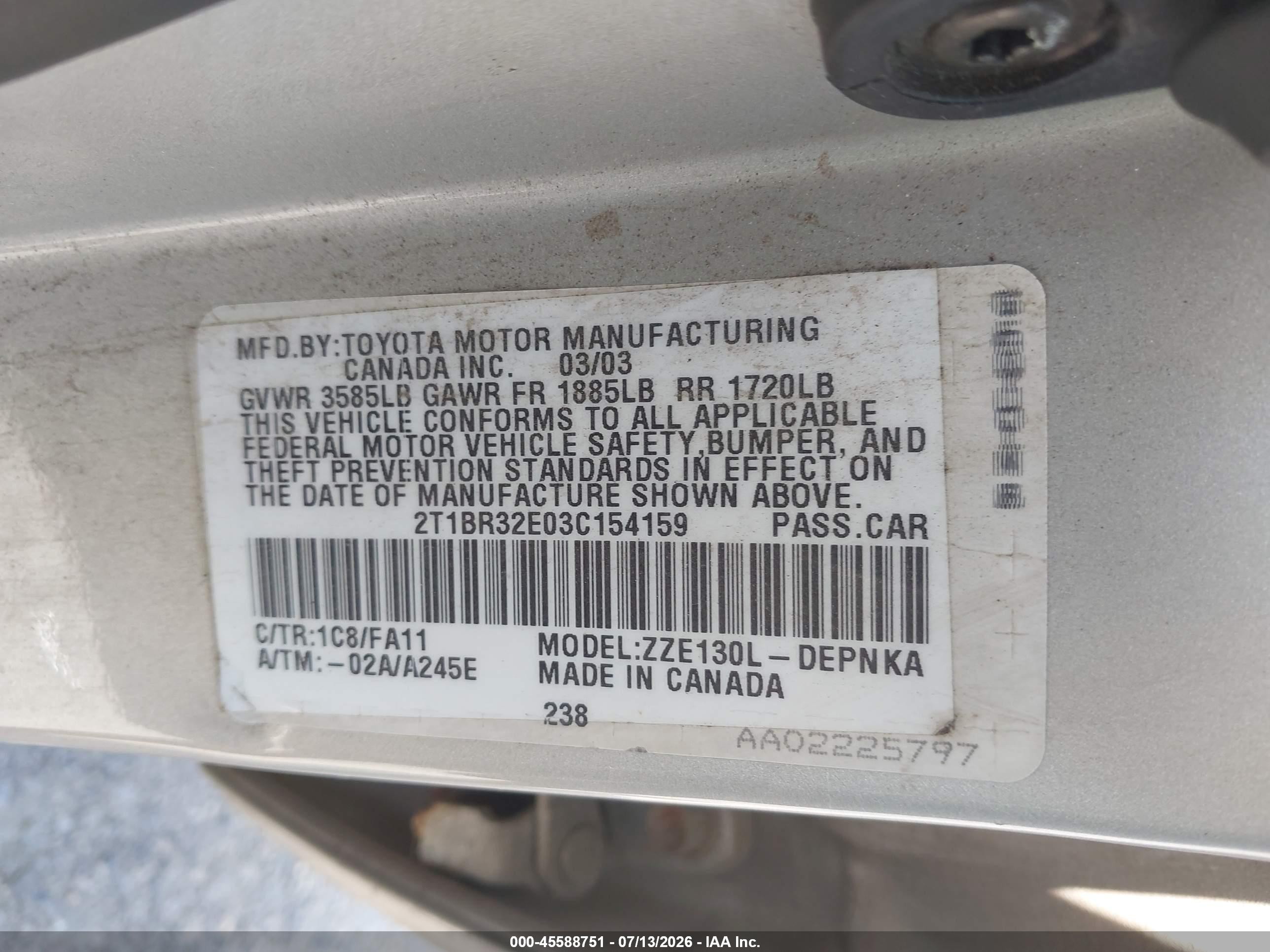 2003 Toyota Corolla Le Gray vin: 2T1BR32E03C154159
