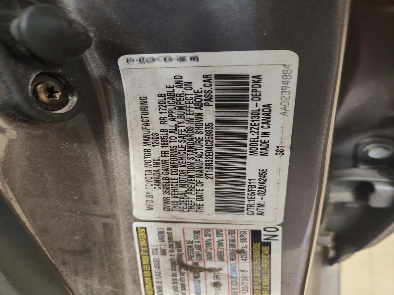 2004 Toyota Corolla Ce Gray vin: 2T1BR32E04C259835