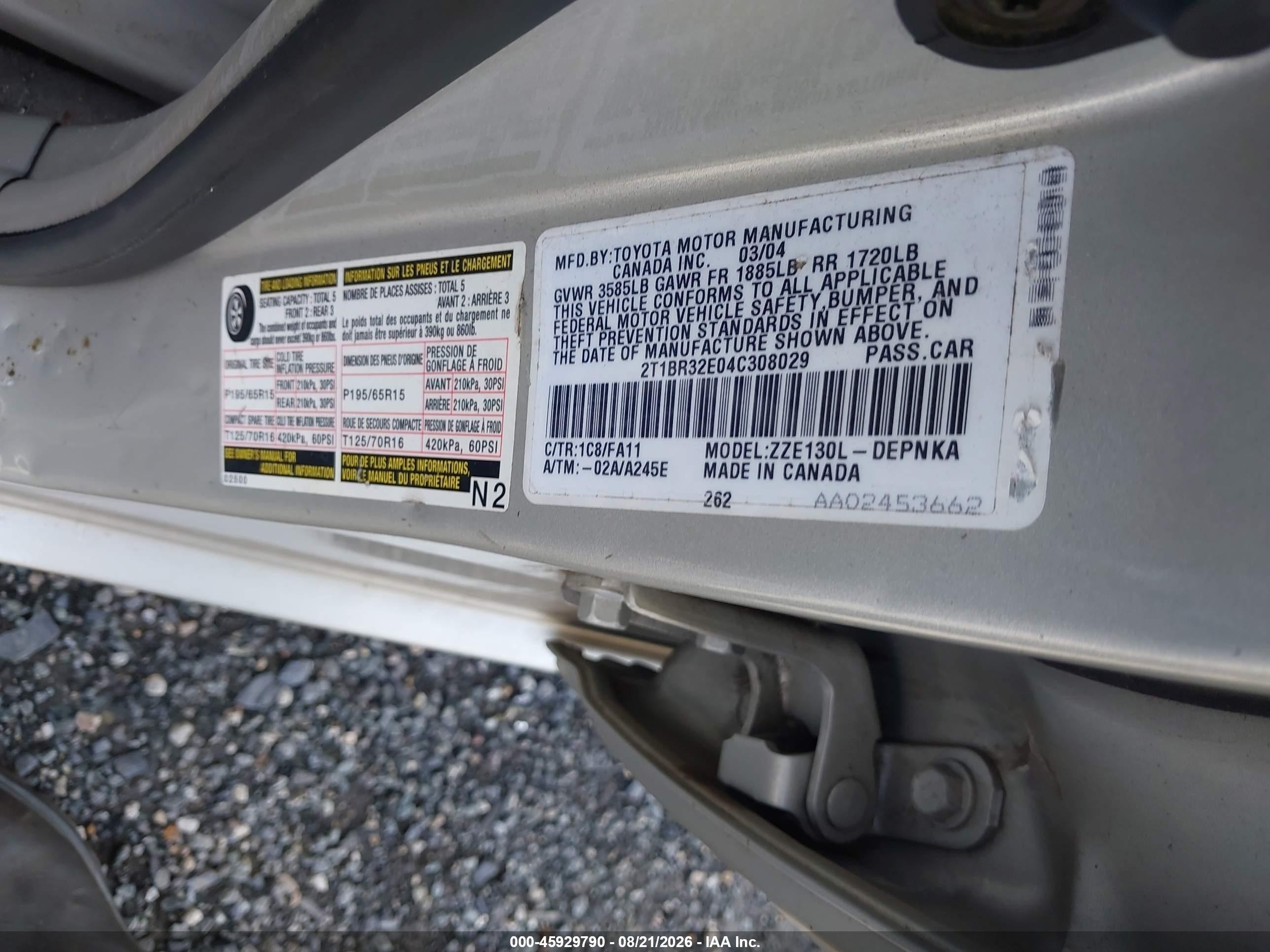2004 Toyota Corolla Le Silver vin: 2T1BR32E04C308029