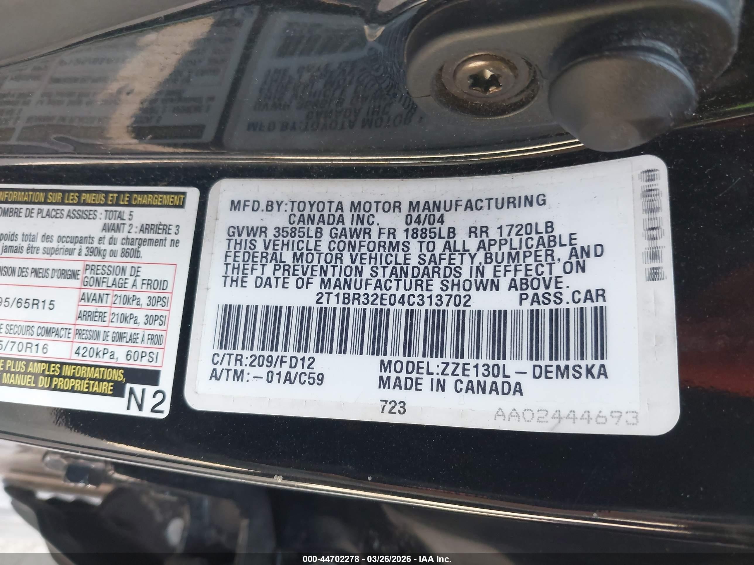 2004 Toyota Corolla S Black vin: 2T1BR32E04C313702