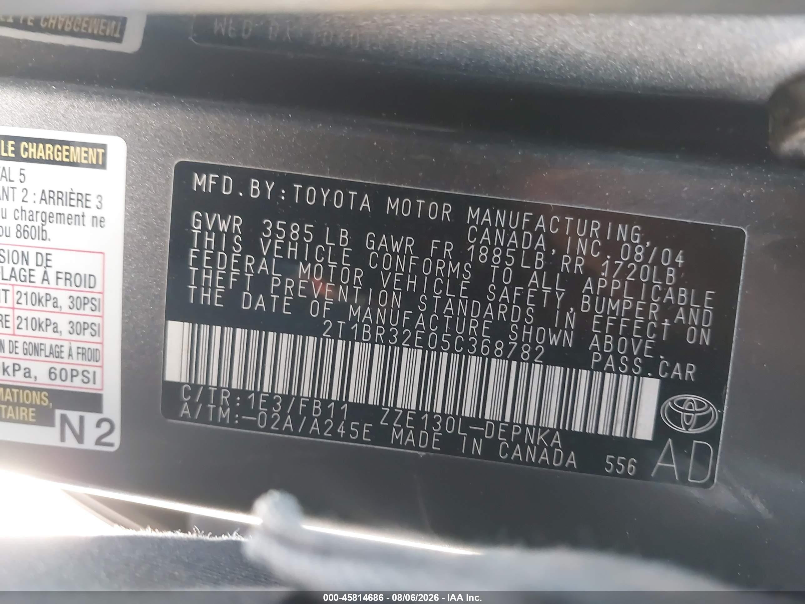2005 Toyota Corolla Le Gray vin: 2T1BR32E05C368782