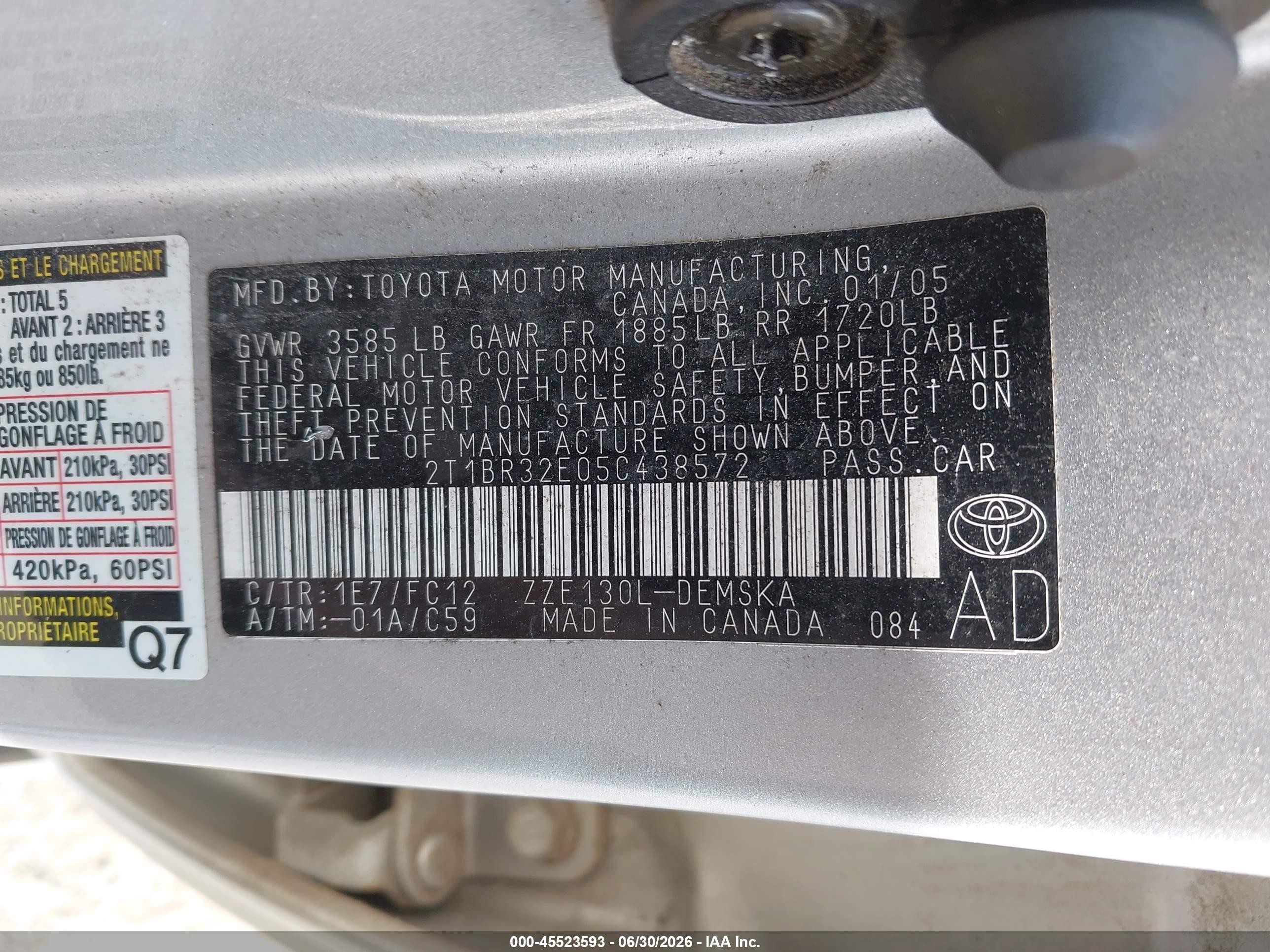 2005 Toyota Corolla S Серебряный vin: 2T1BR32E05C438572