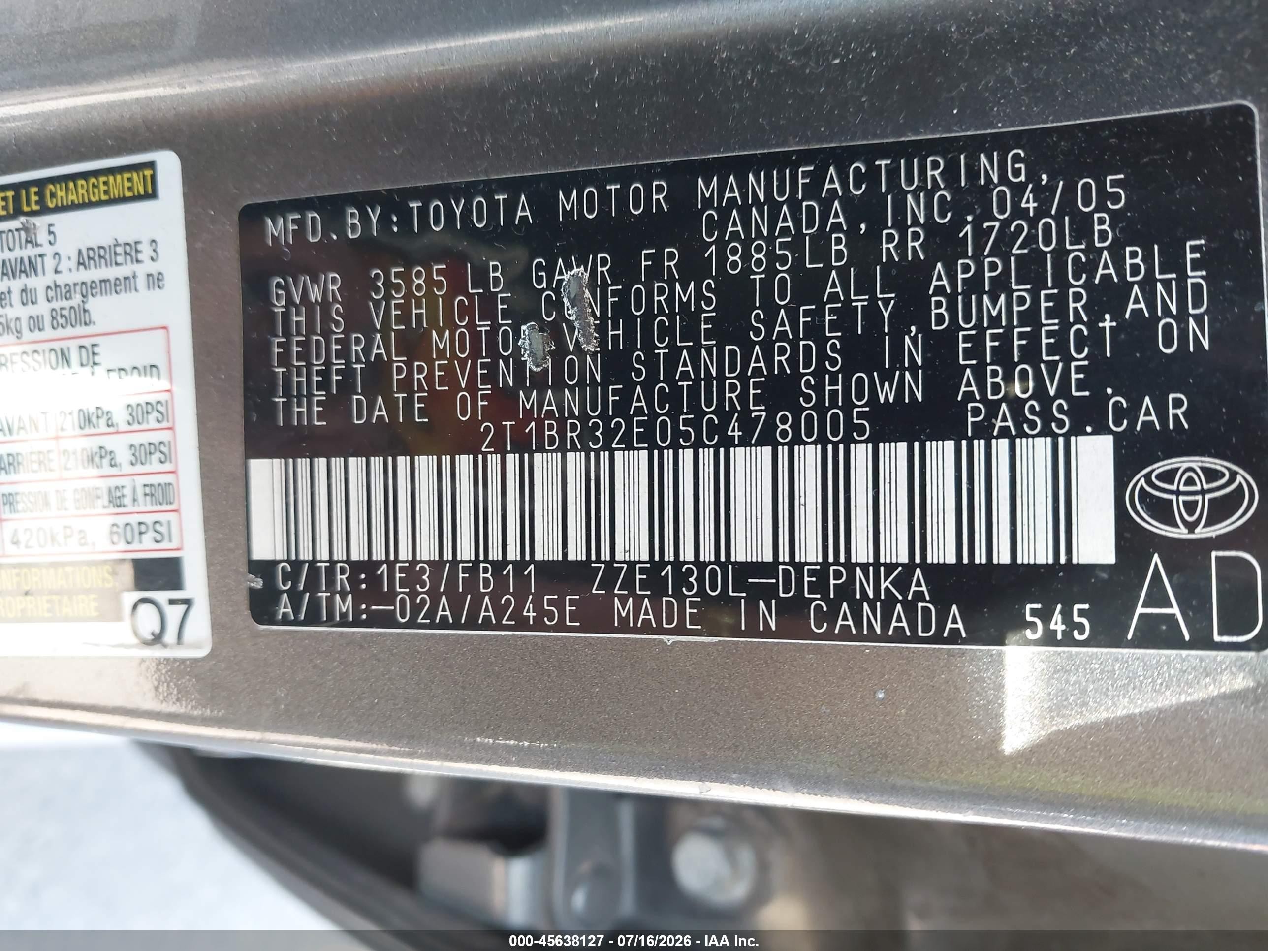 2005 Toyota Corolla Le Gray vin: 2T1BR32E05C478005