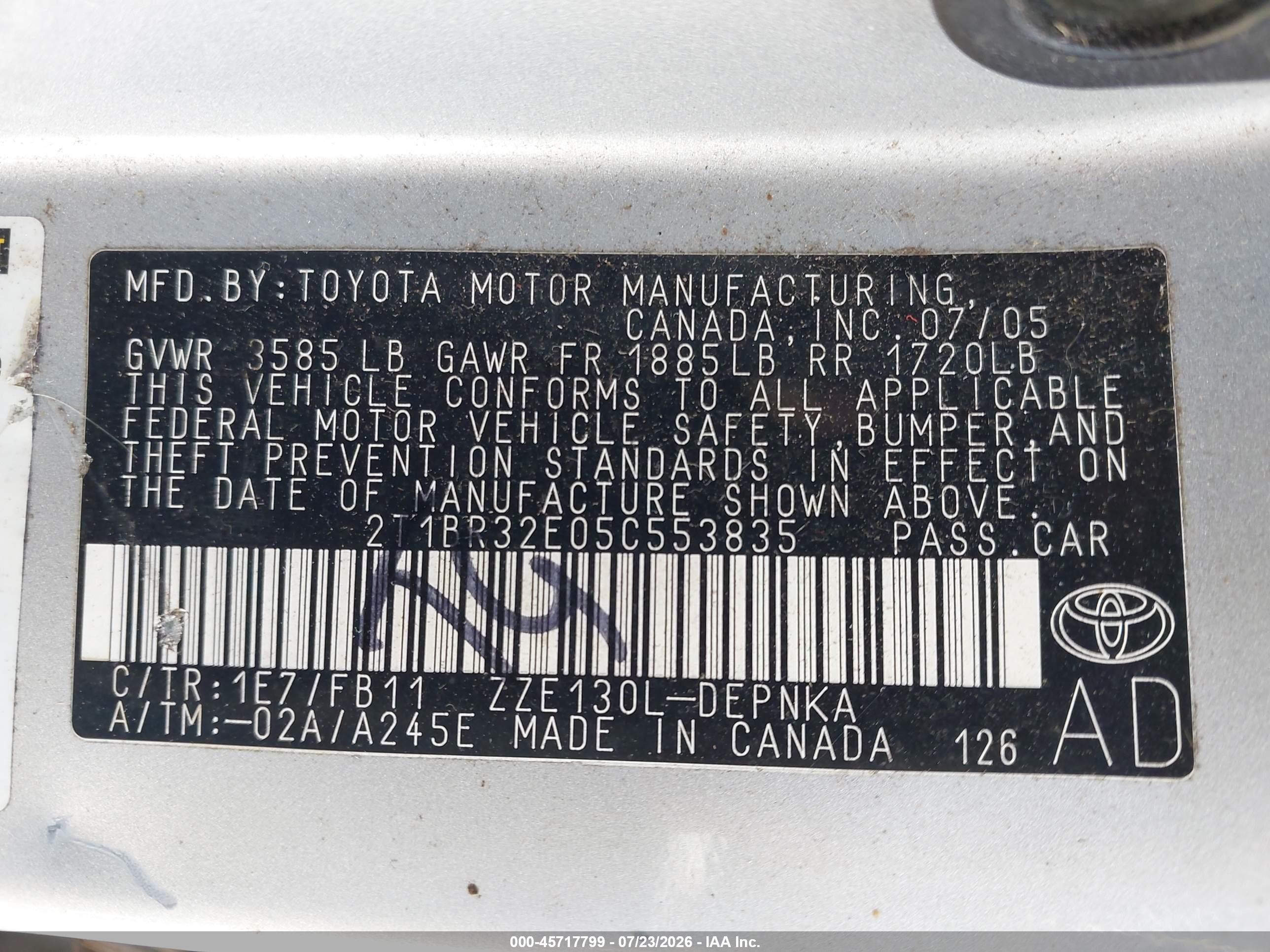 2005 Toyota Corolla Le Silver vin: 2T1BR32E05C553835
