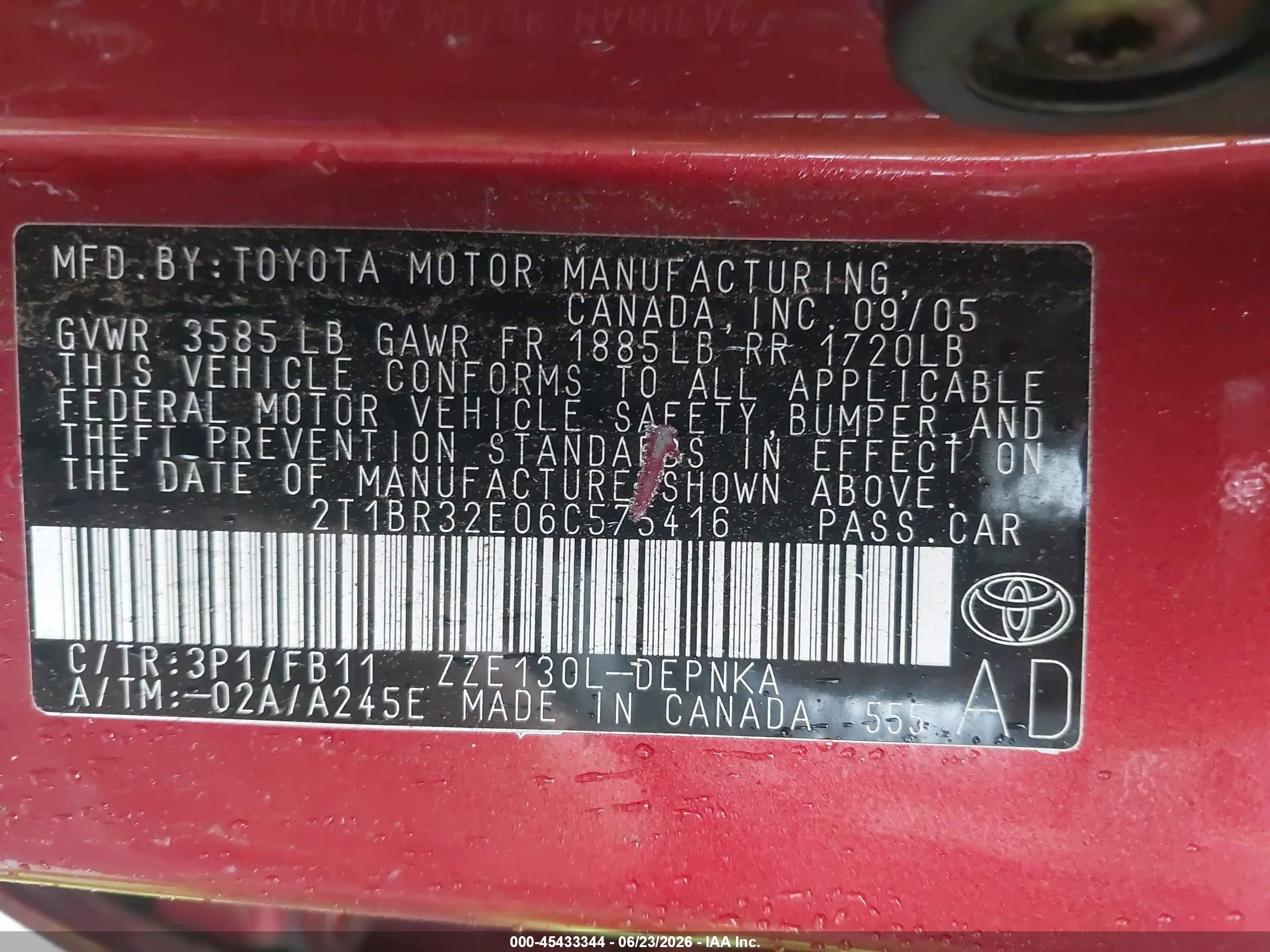 2006 Toyota Corolla Le Red vin: 2T1BR32E06C575416