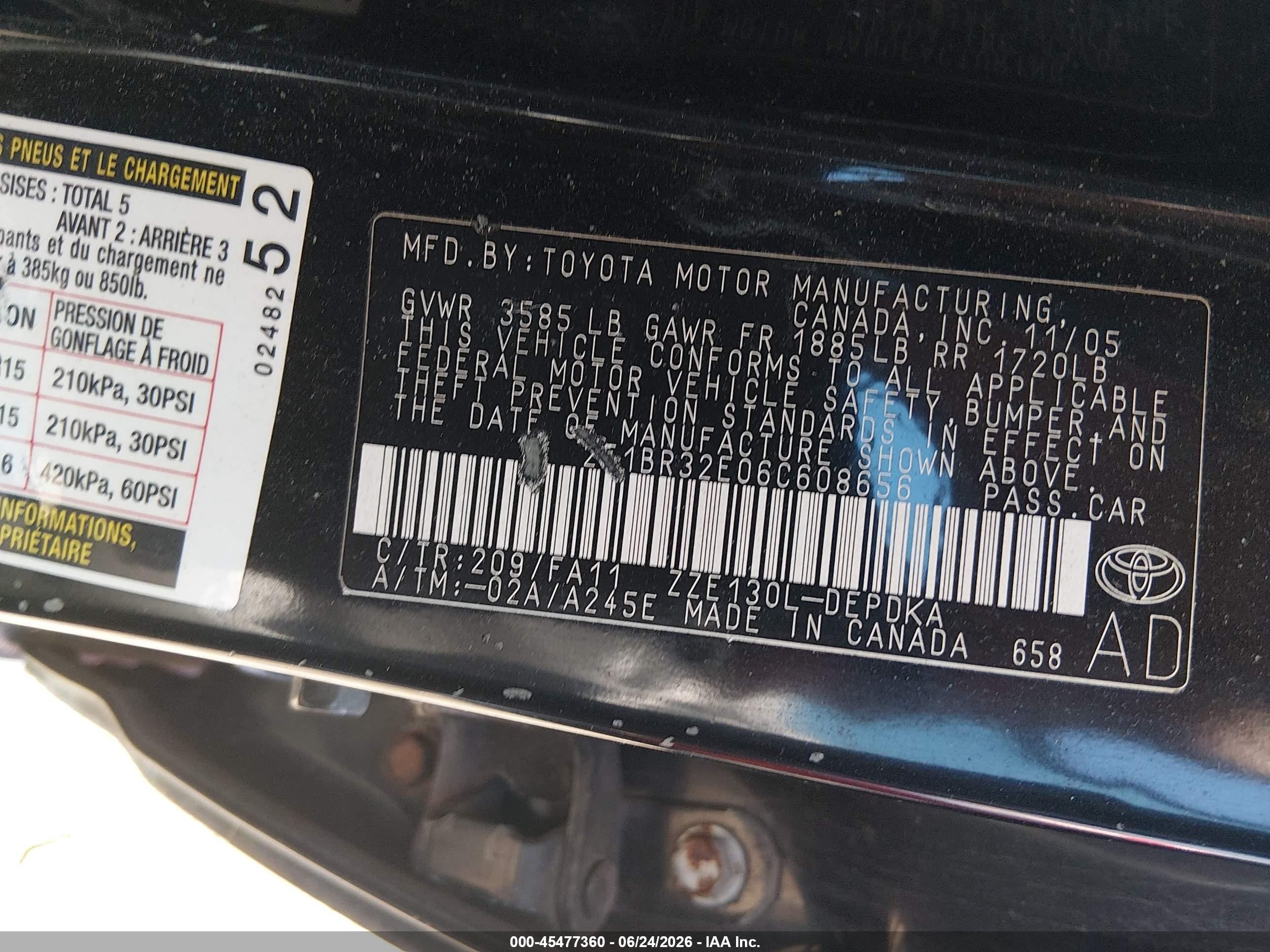 2006 Toyota Corolla Ce Black vin: 2T1BR32E06C608656