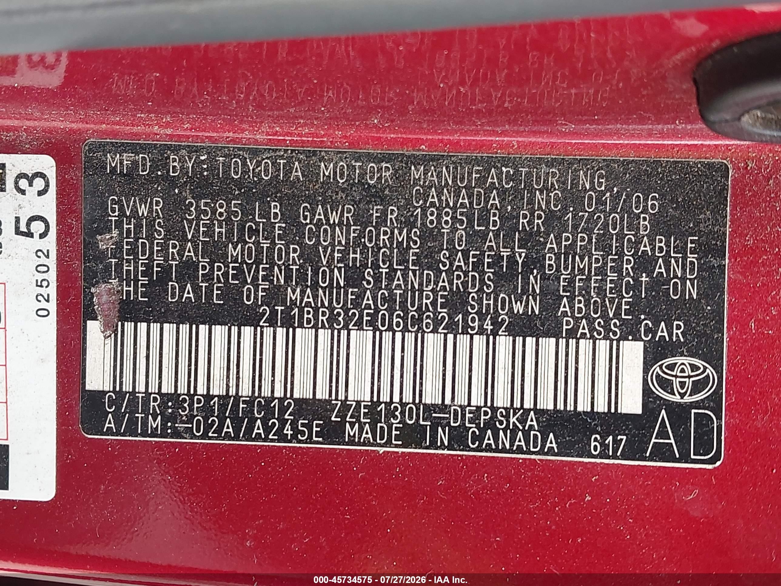 2006 Toyota Corolla S Красный vin: 2T1BR32E06C621942