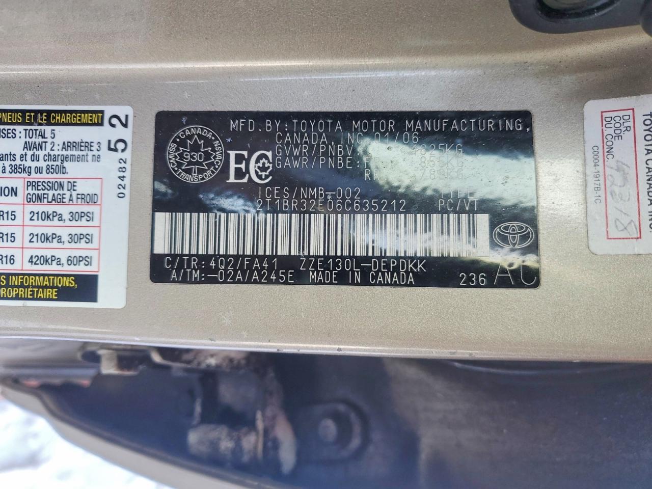 2006 Toyota Corolla Ce Cream vin: 2T1BR32E06C635212