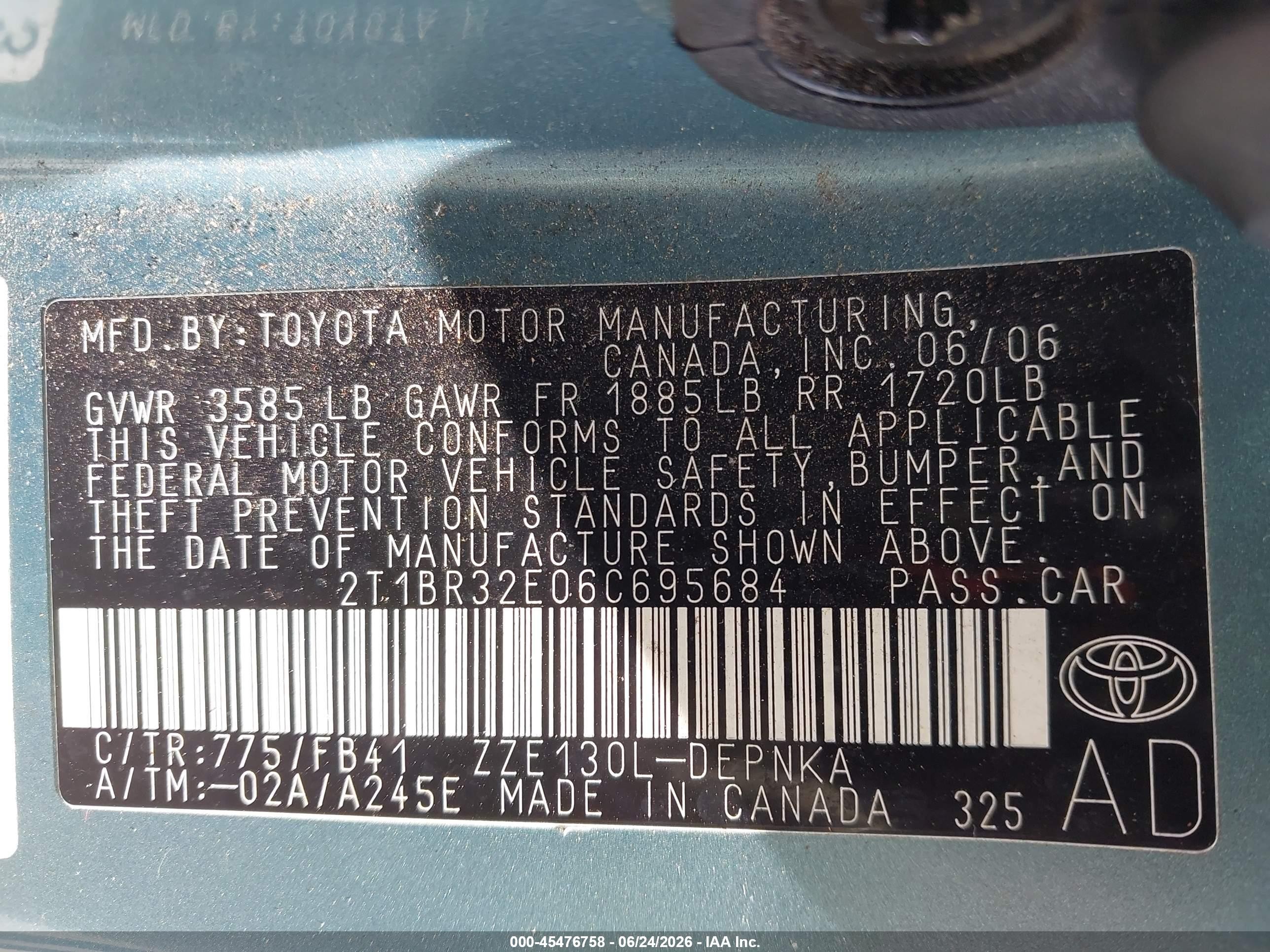 2006 Toyota Corolla Le Light Blue vin: 2T1BR32E06C695684