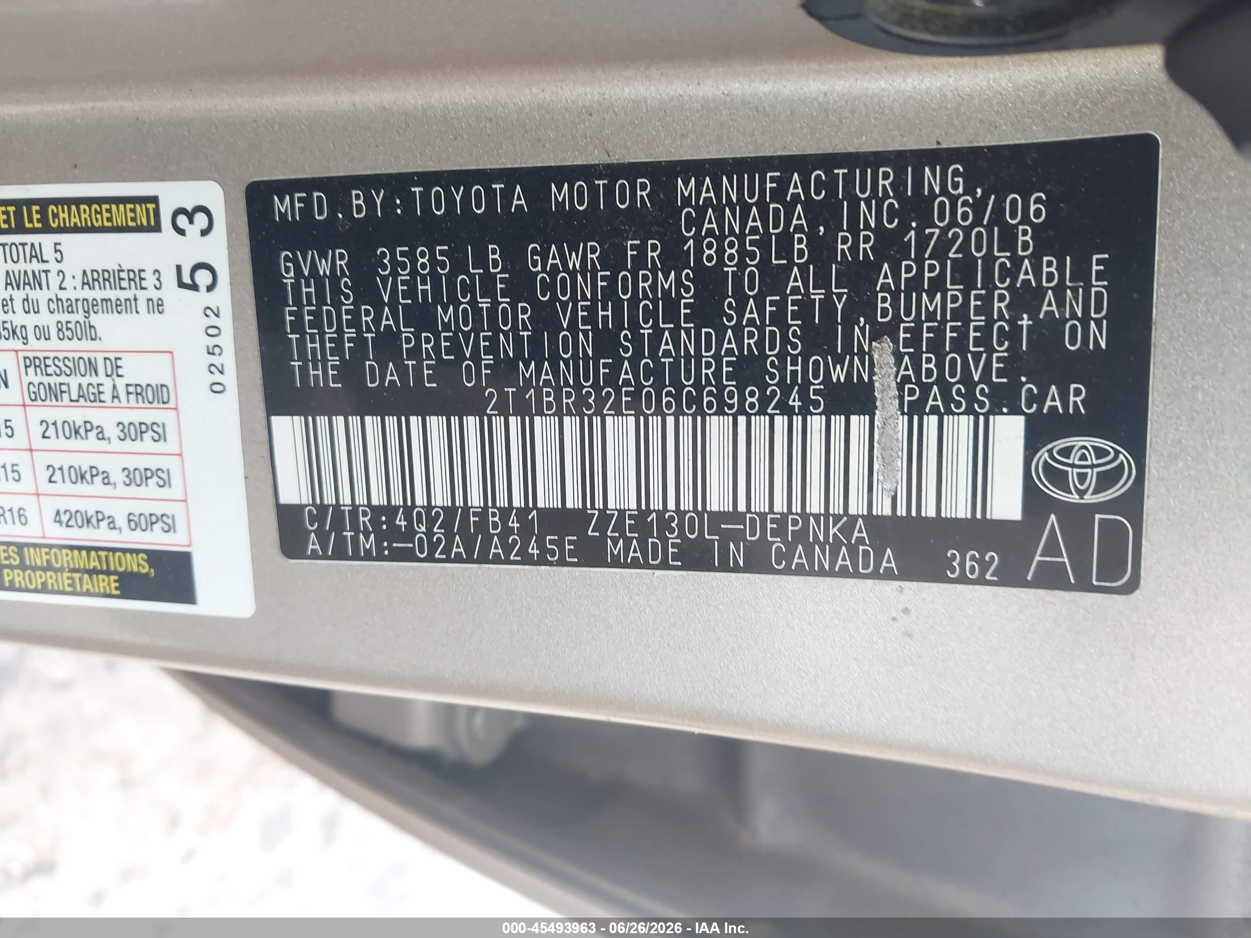 2006 Toyota Corolla Le Gold vin: 2T1BR32E06C698245