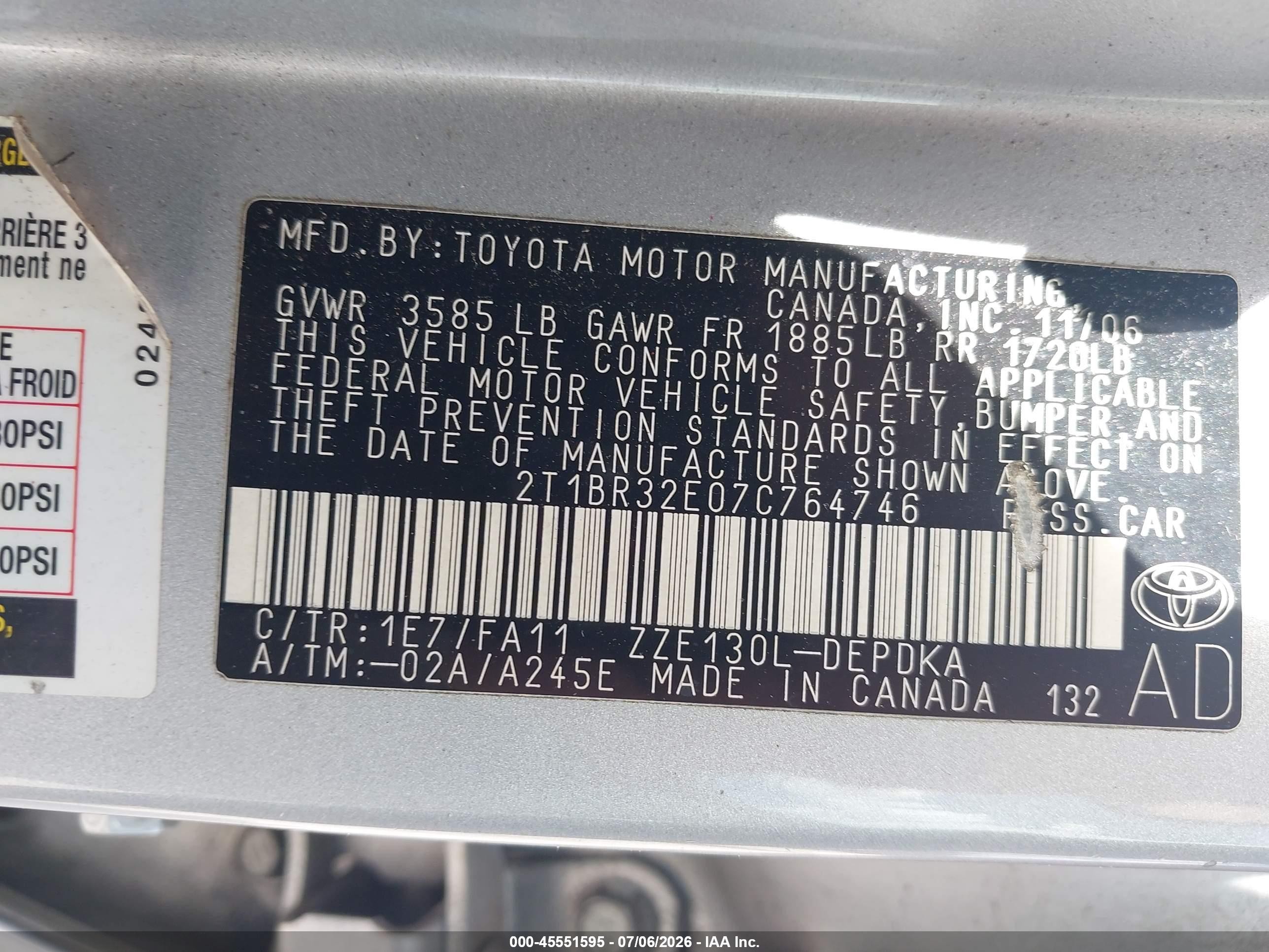 2007 Toyota Corolla Ce Серебряный vin: 2T1BR32E07C764746