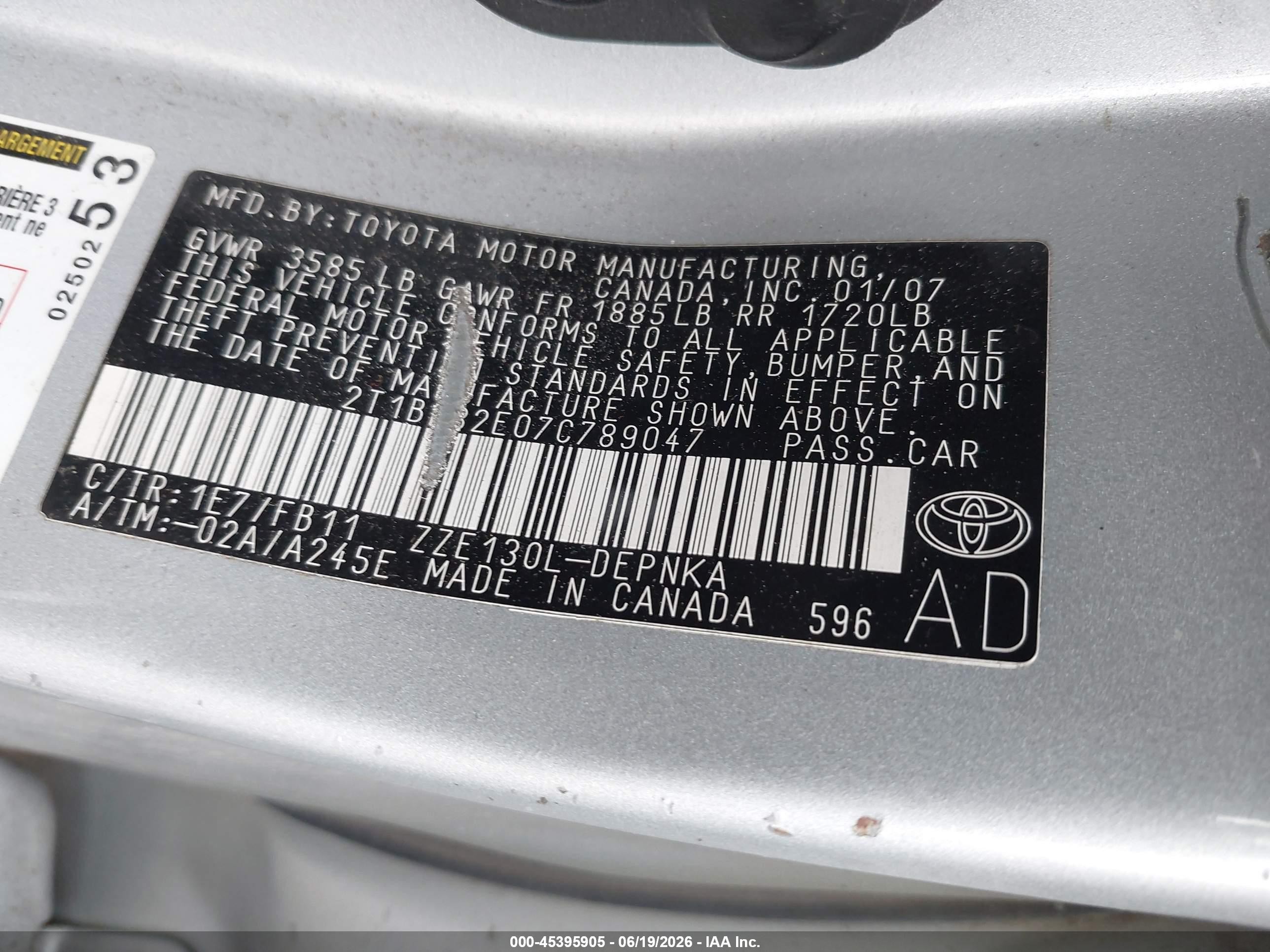 2007 Toyota Corolla Le Silver vin: 2T1BR32E07C789047