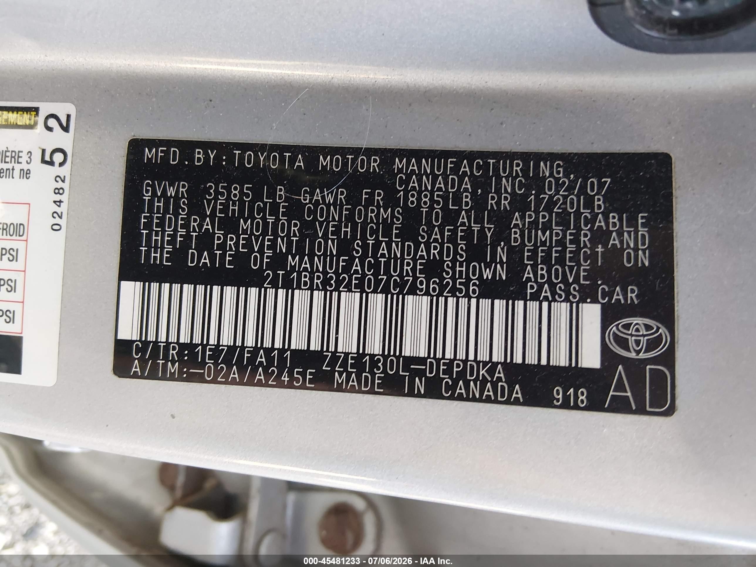 2007 Toyota Corolla Ce Silver vin: 2T1BR32E07C796256