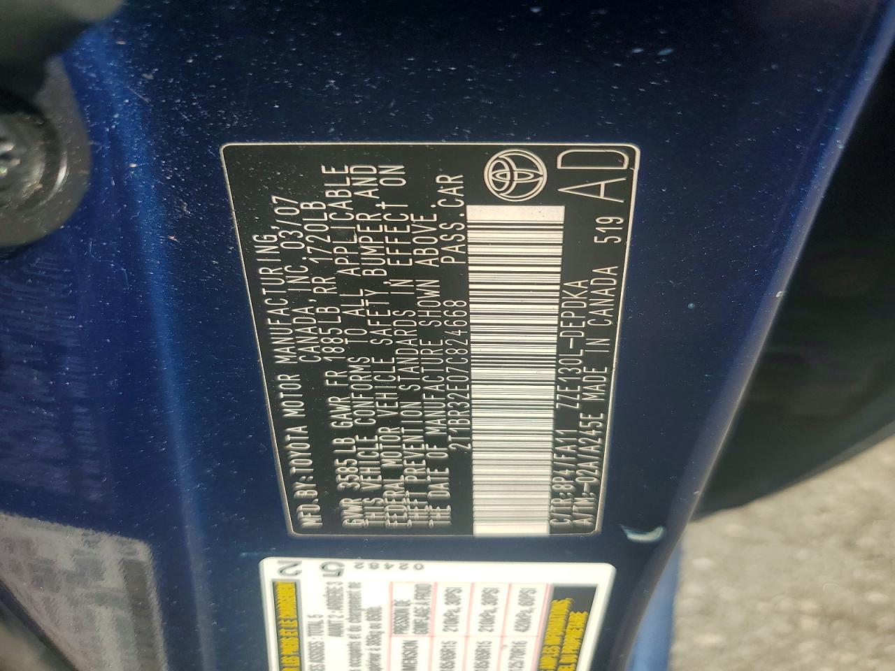 2007 Toyota Corolla Ce Blue vin: 2T1BR32E07C824668