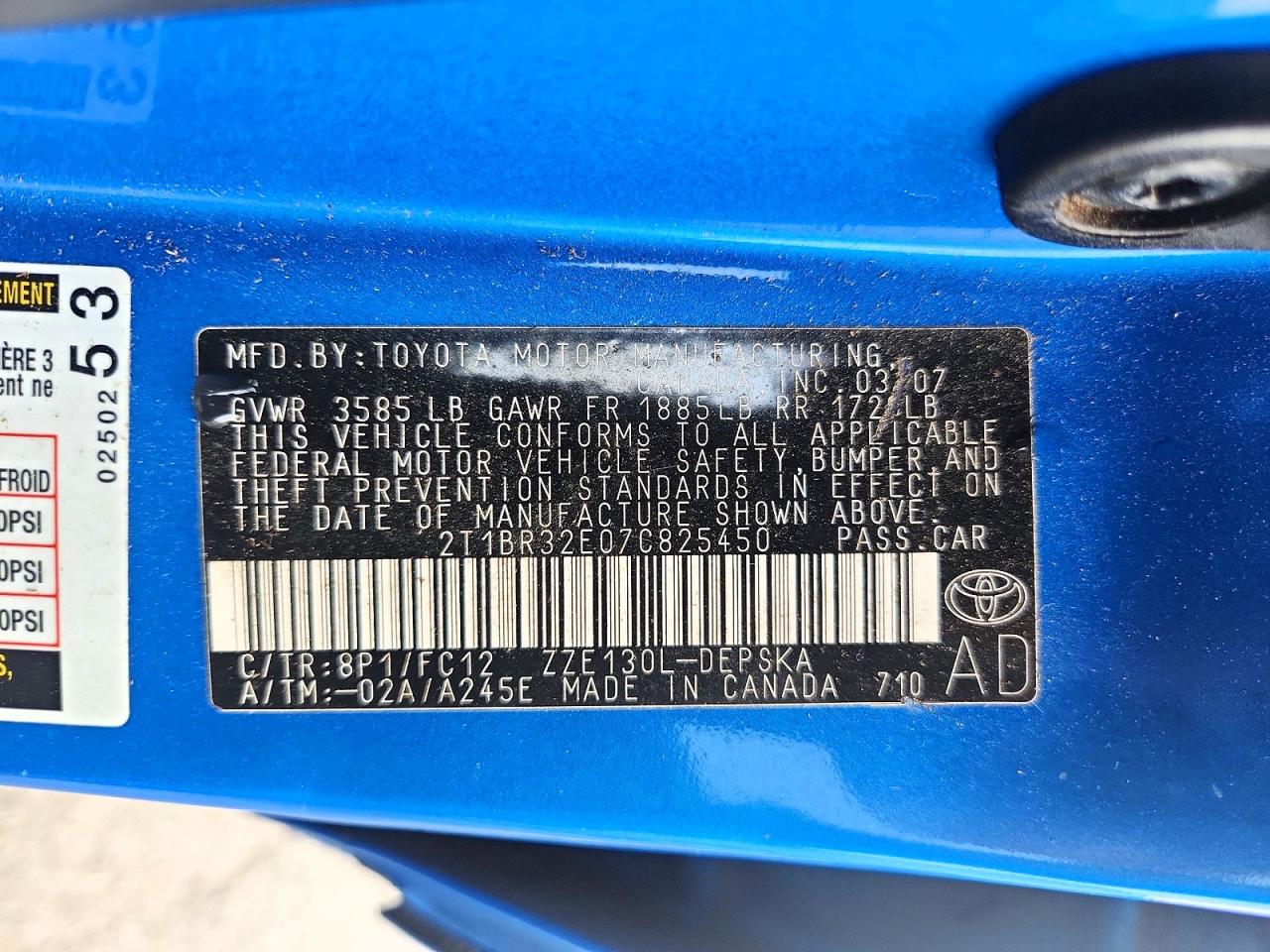 2007 Toyota Corolla S Blue vin: 2T1BR32E07C825450