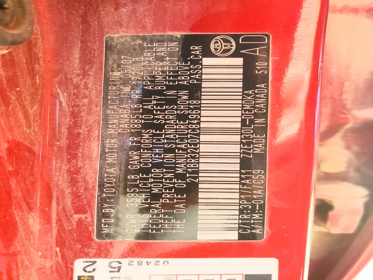 2007 Toyota Corolla Ce Red vin: 2T1BR32E07C849618