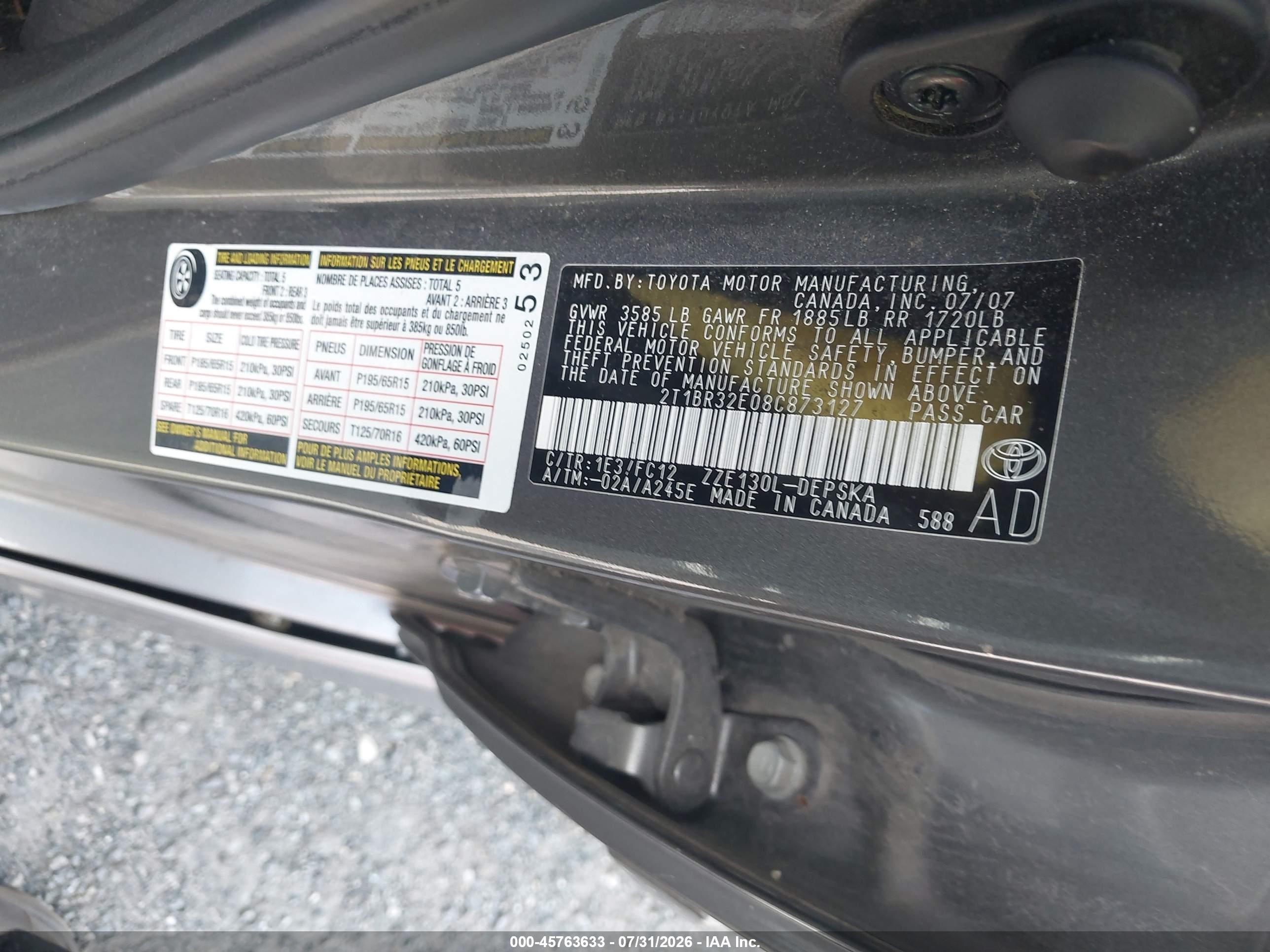2008 Toyota Corolla S Gray vin: 2T1BR32E08C873127