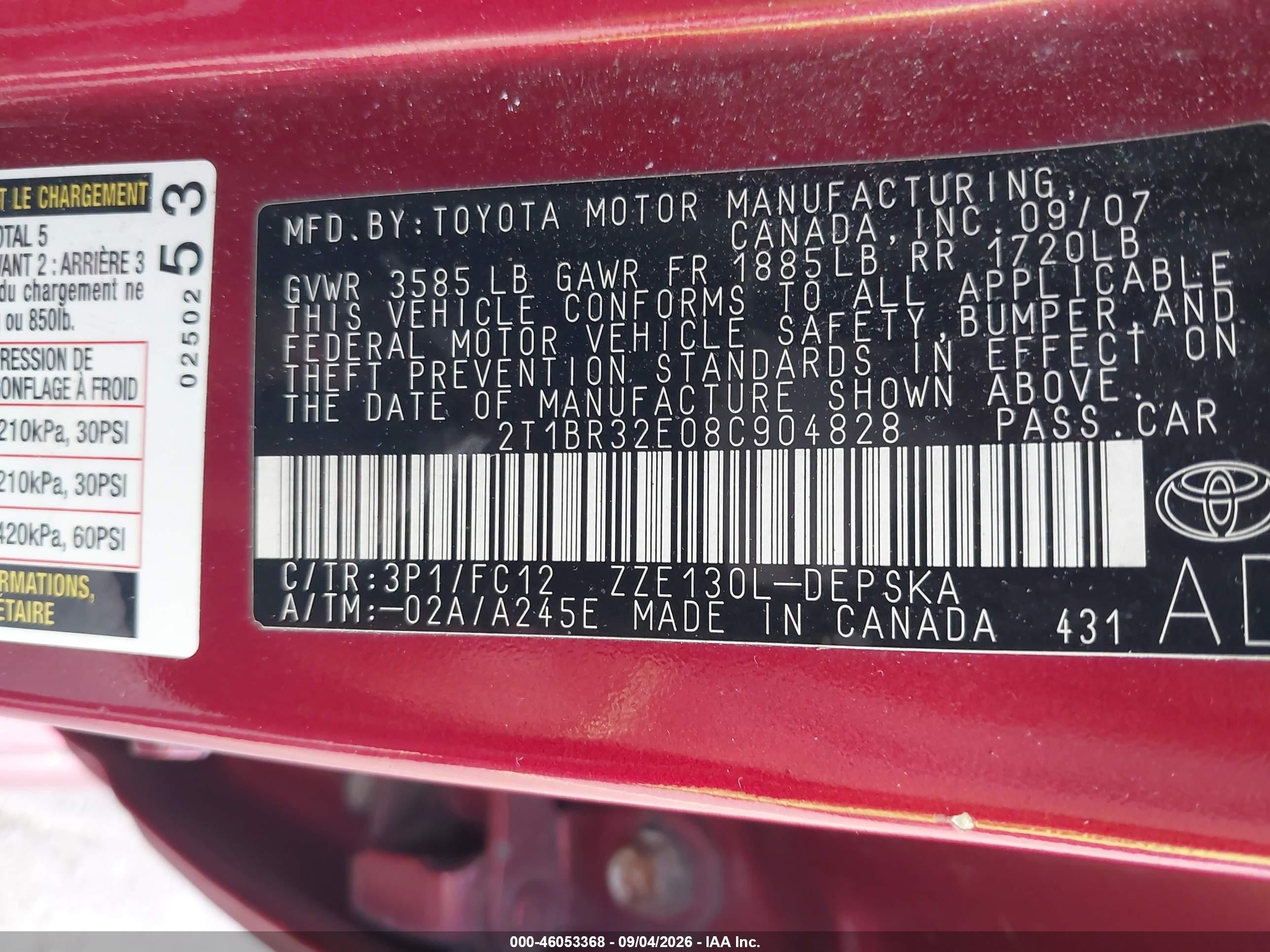 2008 Toyota Corolla S Red vin: 2T1BR32E08C904828