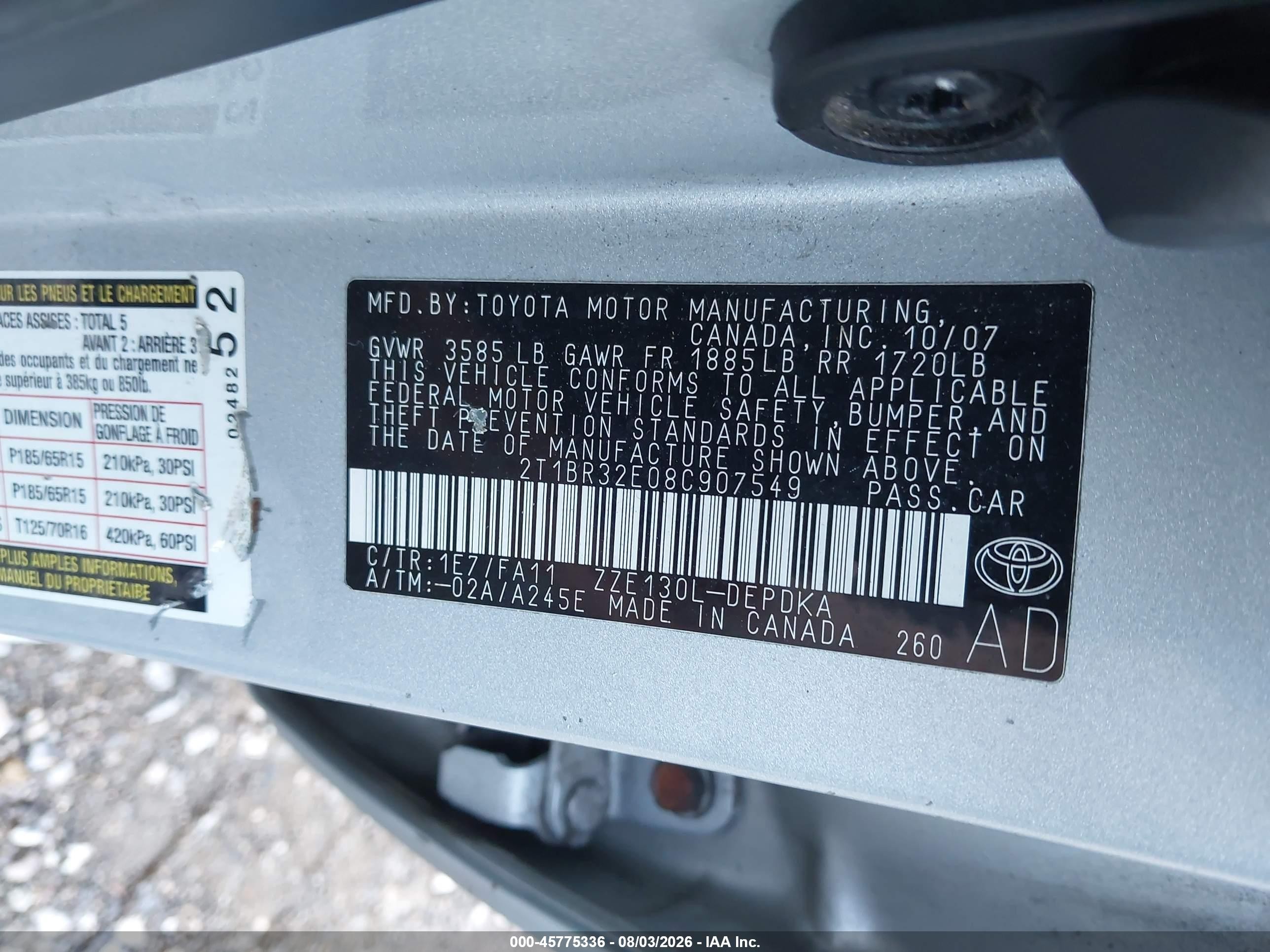2008 Toyota Corolla Ce Gray vin: 2T1BR32E08C907549