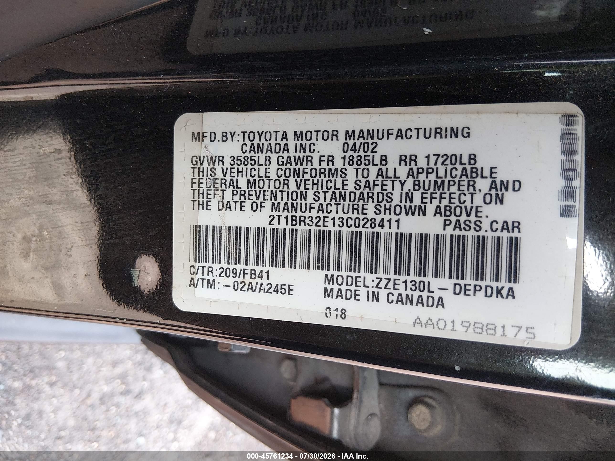 2003 Toyota Corolla Ce Black vin: 2T1BR32E13C028411