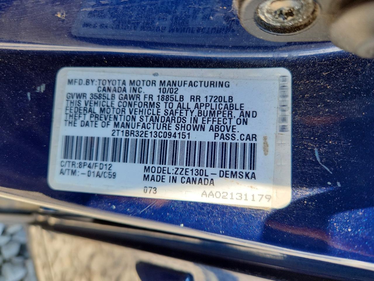 2003 Toyota Corolla S Blue vin: 2T1BR32E13C094151
