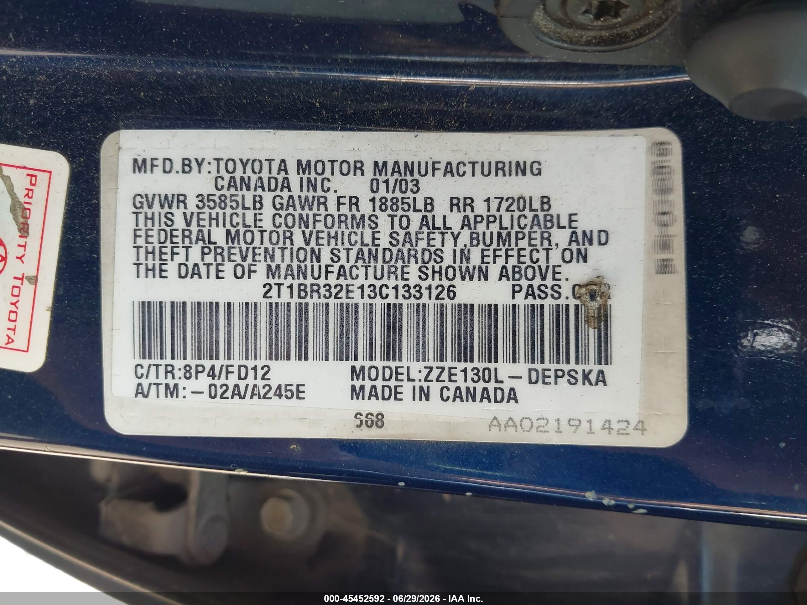 2003 Toyota Corolla S Blue vin: 2T1BR32E13C133126