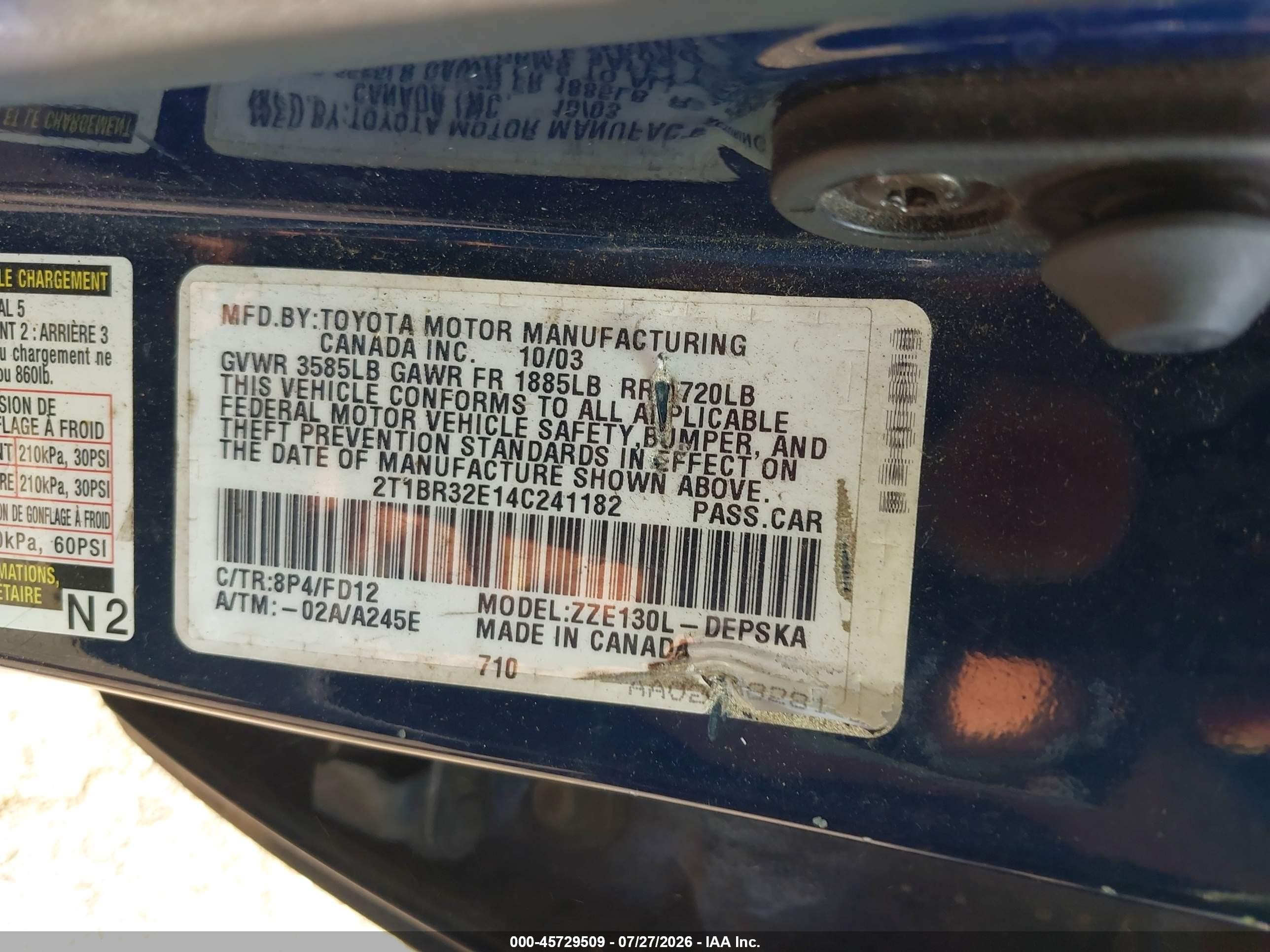2004 Toyota Corolla S Синий vin: 2T1BR32E14C241182