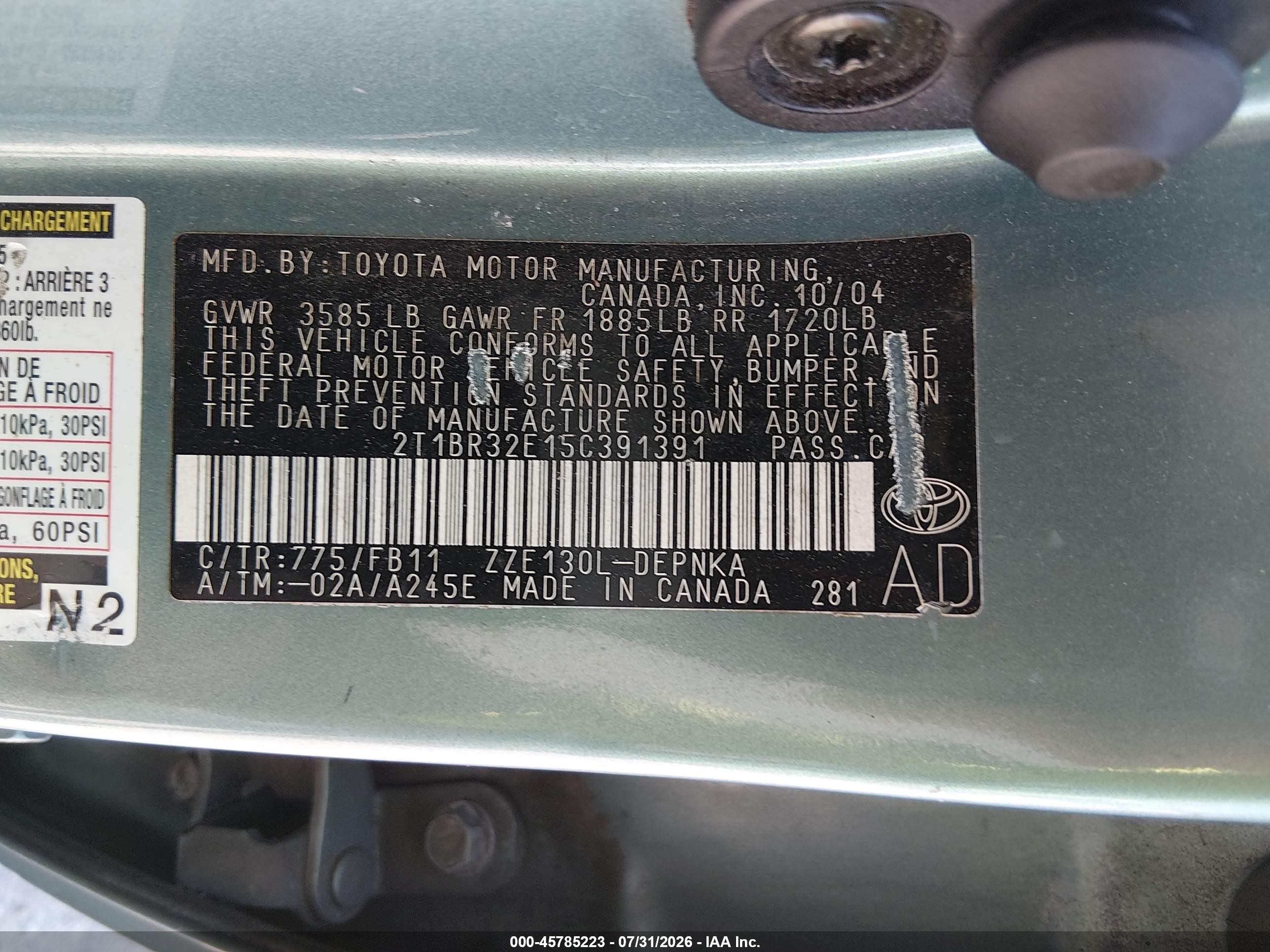 2005 Toyota Corolla Le Teal vin: 2T1BR32E15C391391
