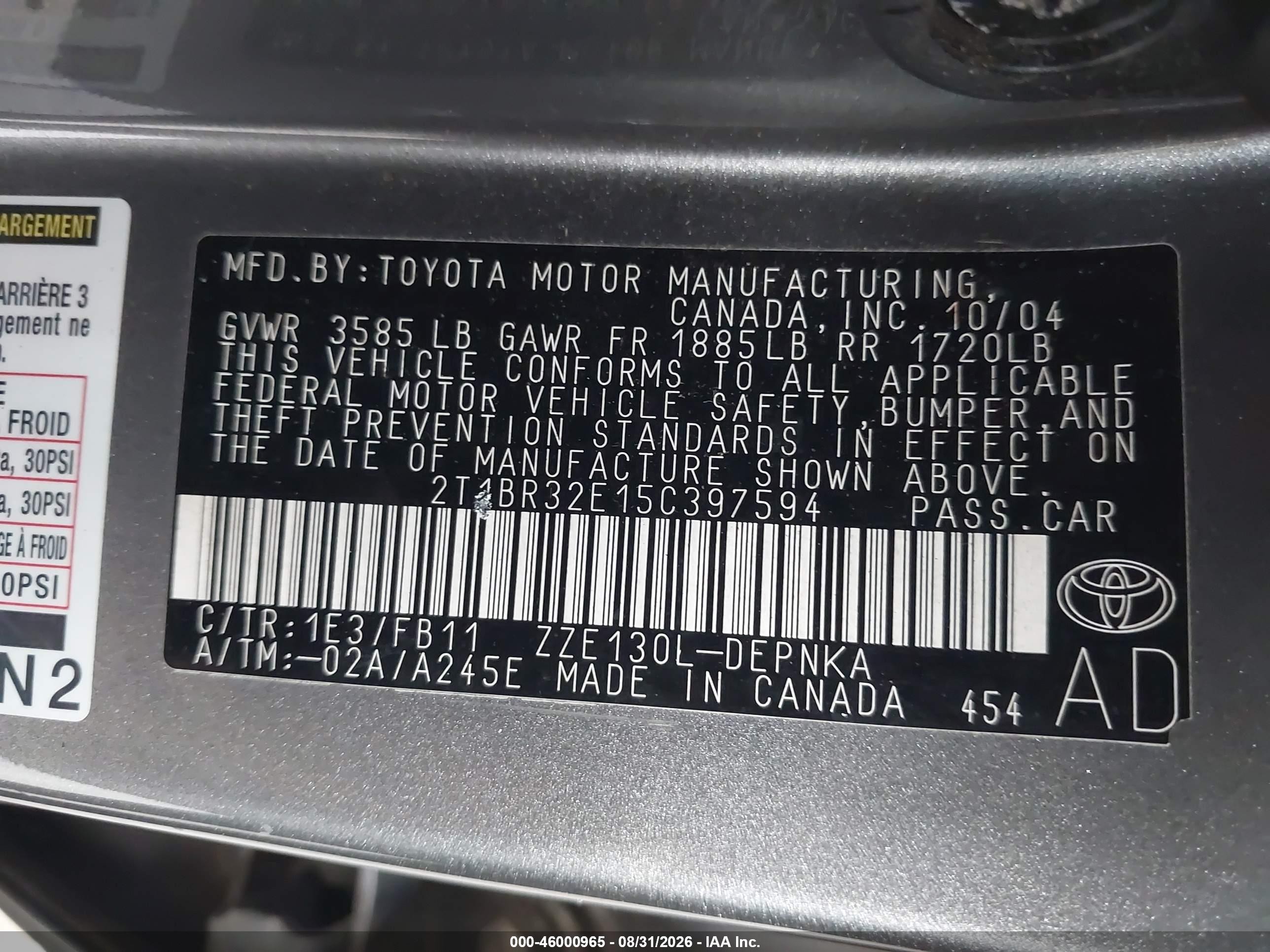 2005 Toyota Corolla Le Gray vin: 2T1BR32E15C397594