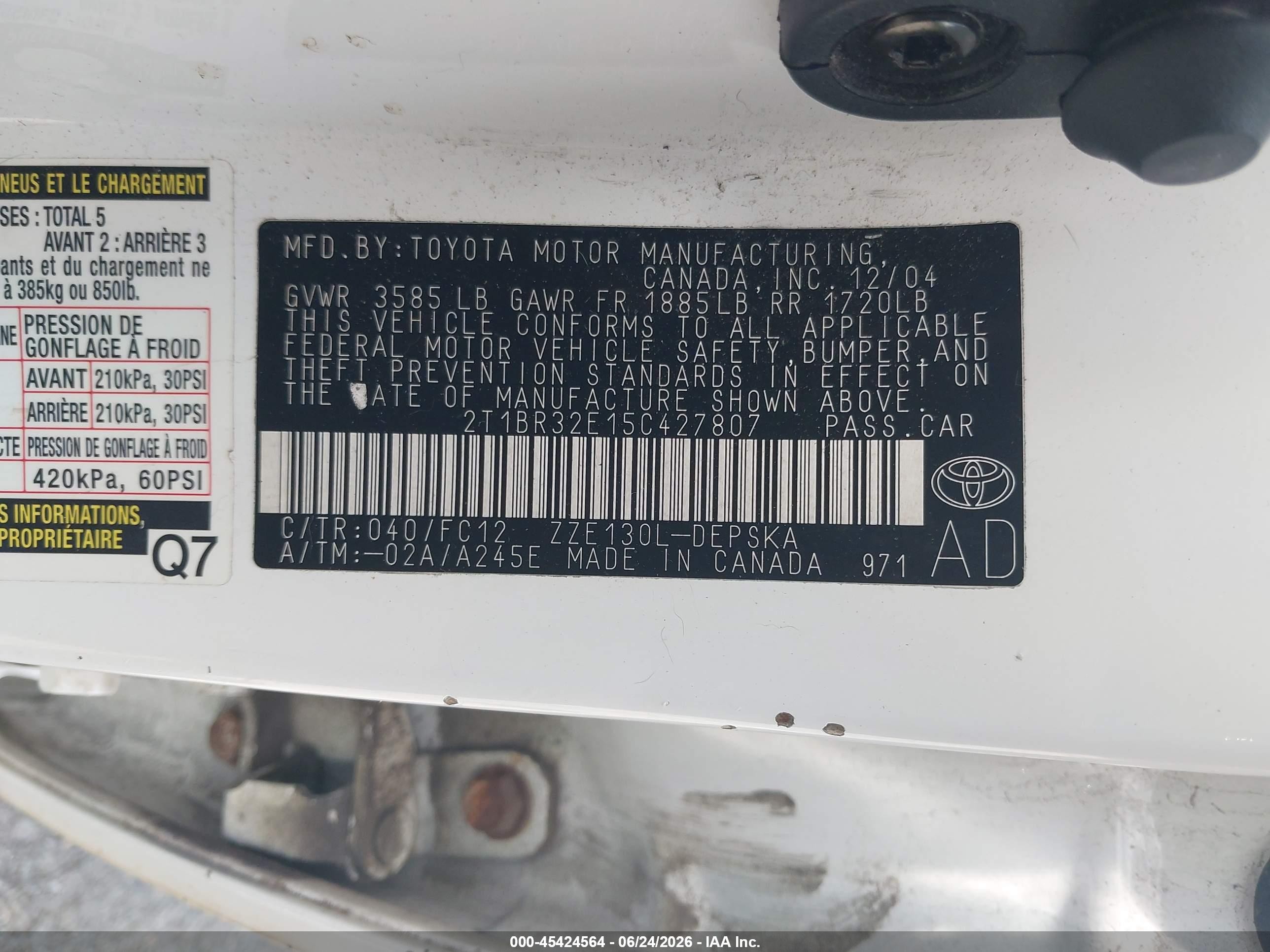 2005 Toyota Corolla S White vin: 2T1BR32E15C427807