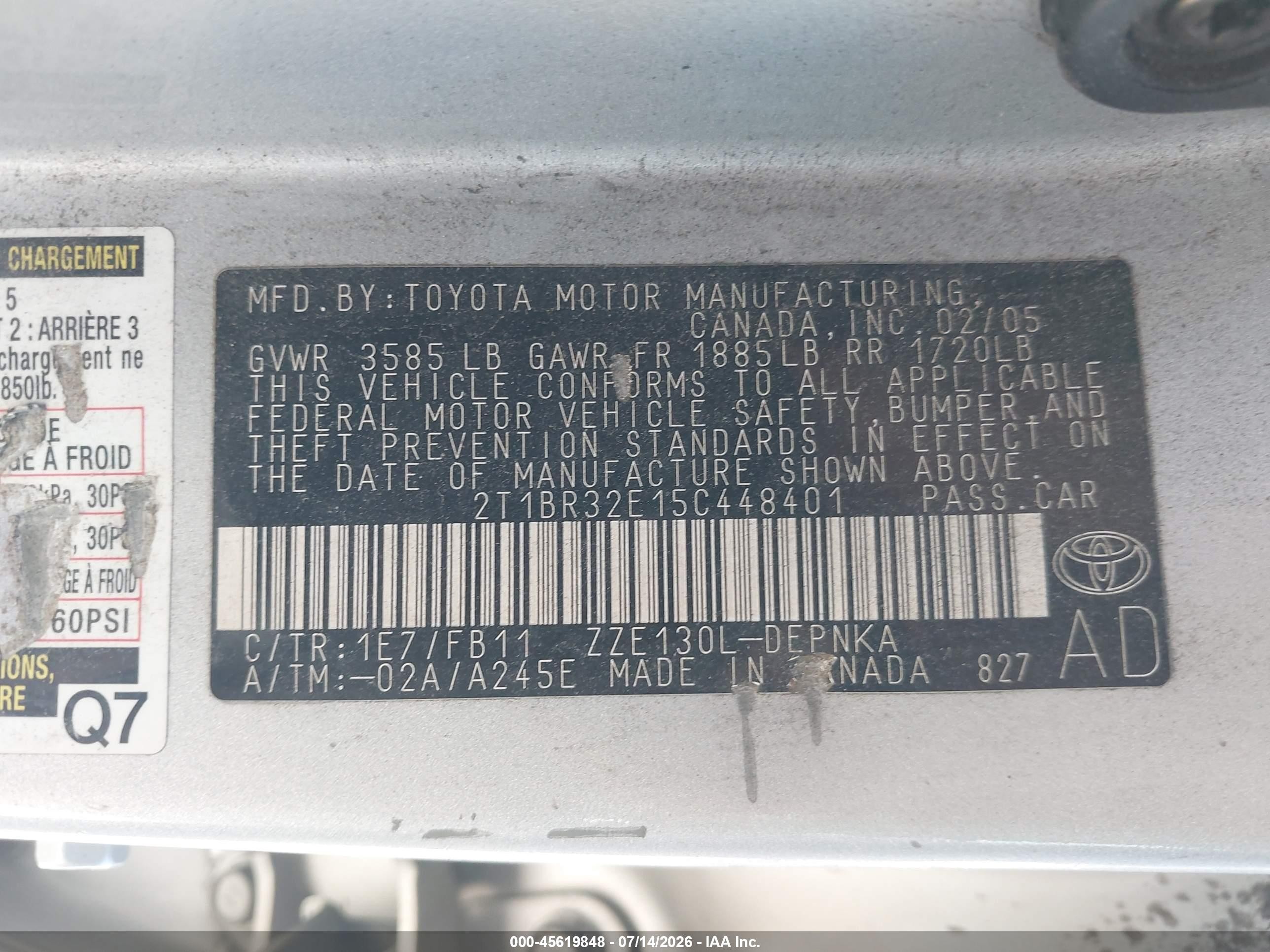 2005 Toyota Corolla Le Silver vin: 2T1BR32E15C448401