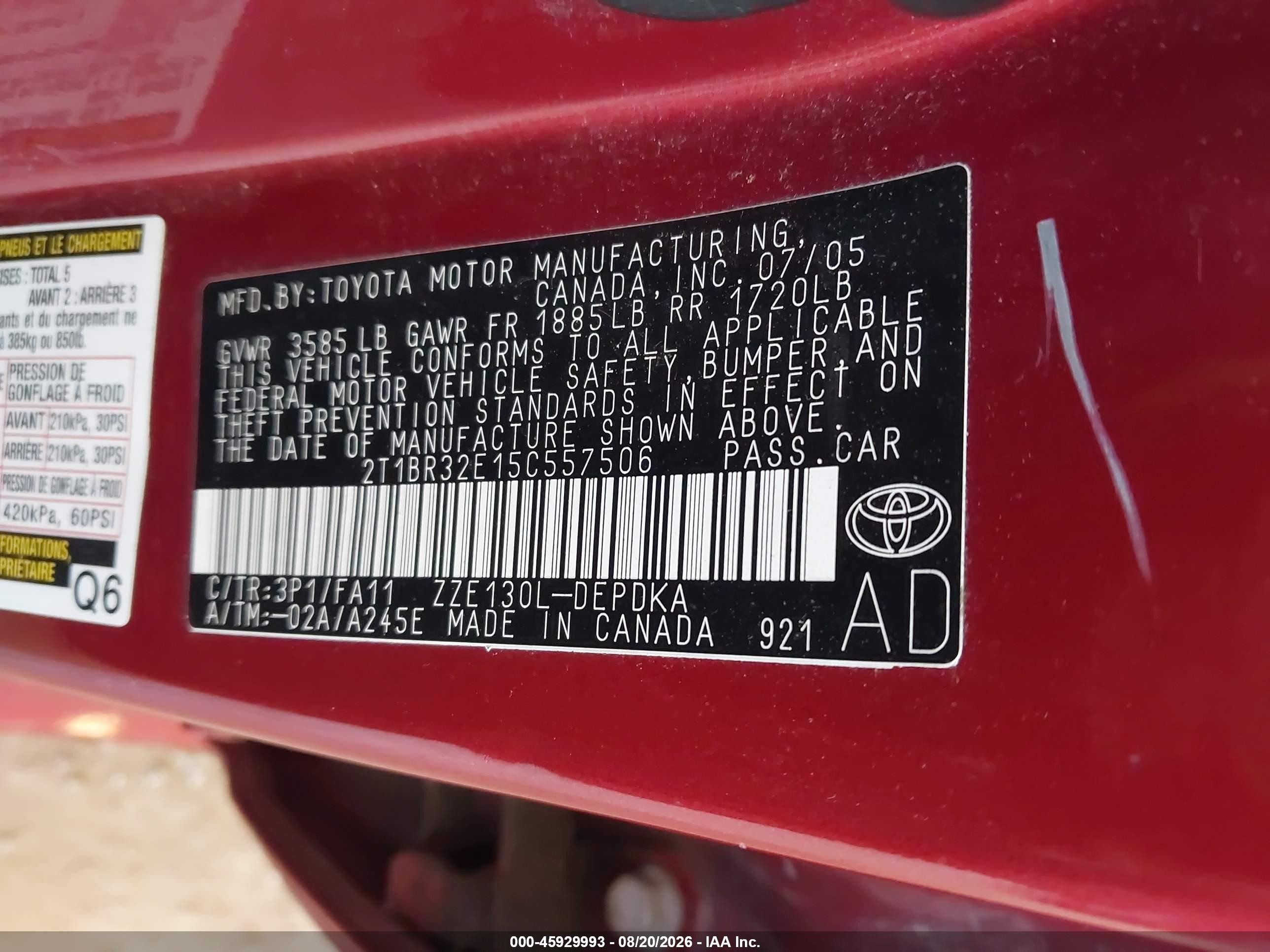 2005 Toyota Corolla Ce Red vin: 2T1BR32E15C557506