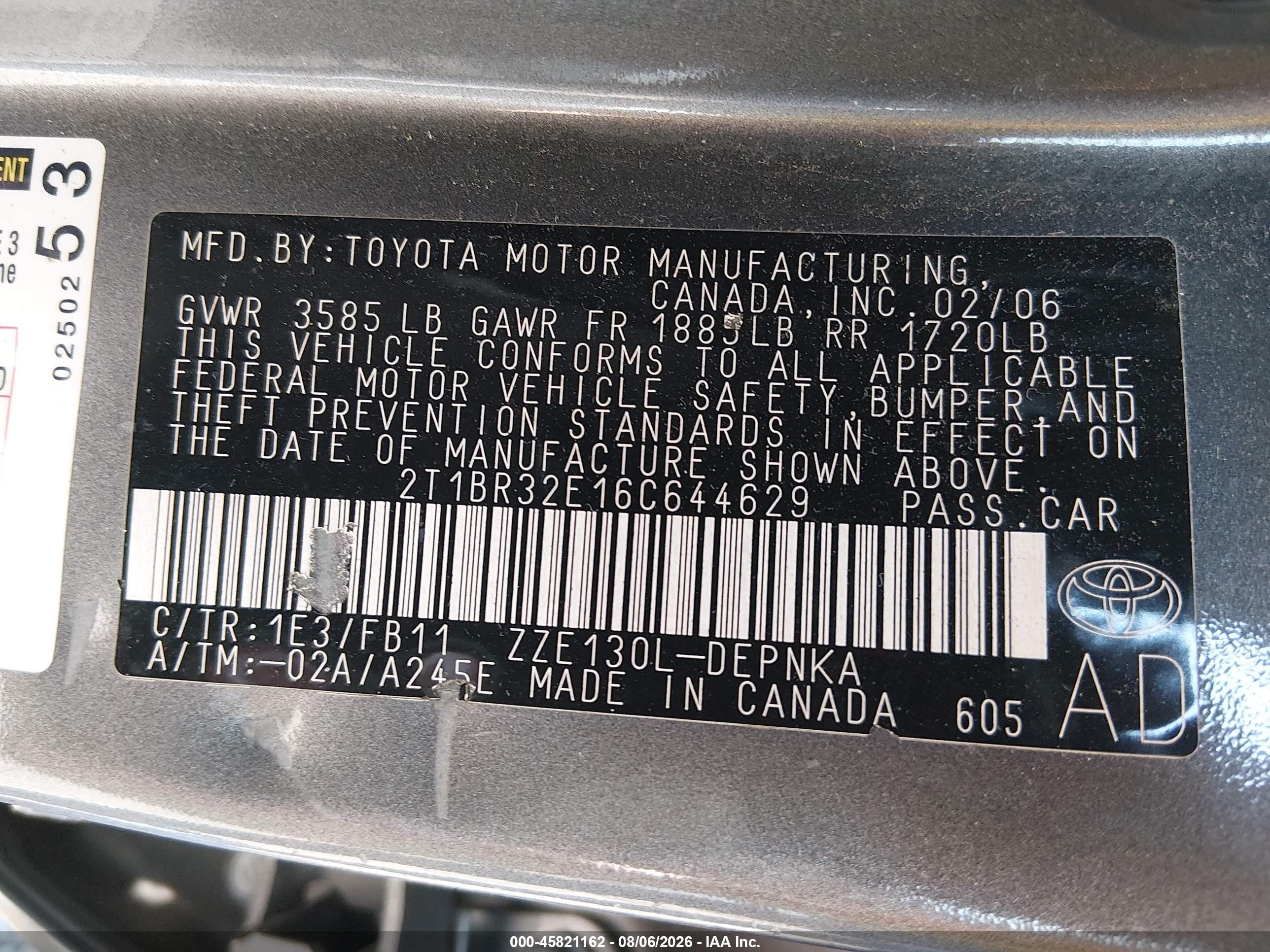 2006 Toyota Corolla Le Gray vin: 2T1BR32E16C644629